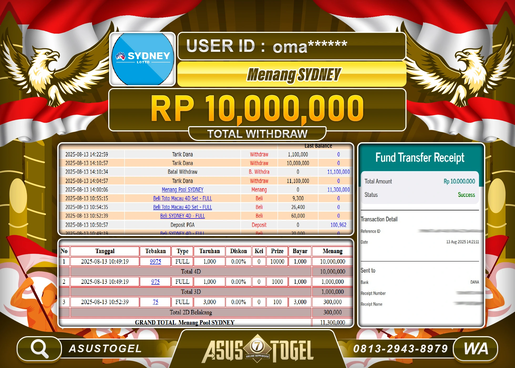 ASUSTOGEL KEMENANGAN DI TOGEL SYDNEY POOLS SEBESAR 10,000,000- RUPIAH LUNAS