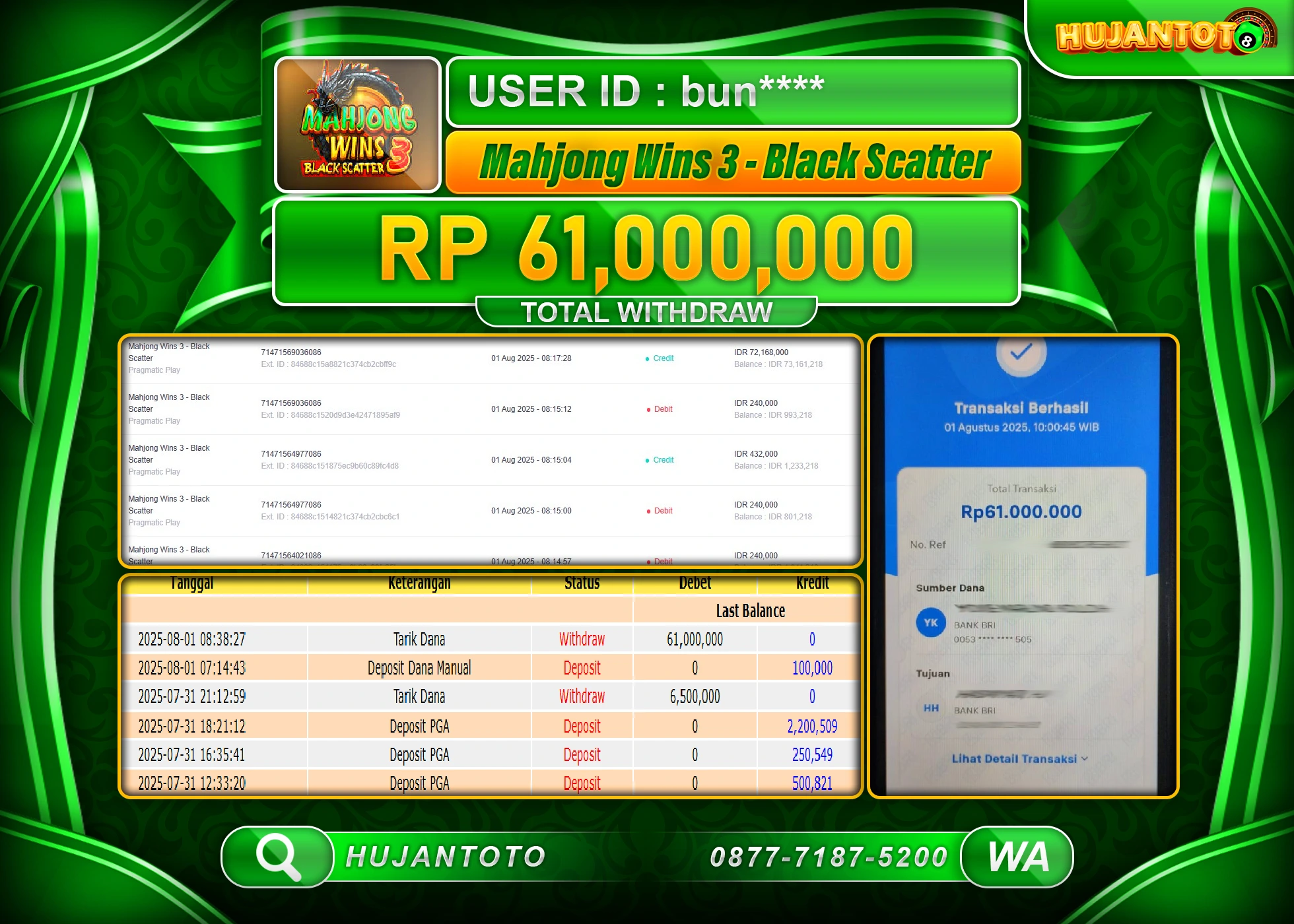 HUJANTOTO - BUKTI JACKPOT MENANG SLOT MAHJONG WINS 3 - BALCK SCATTER Rp.61,000,000 - TERBAYAR LUNAS