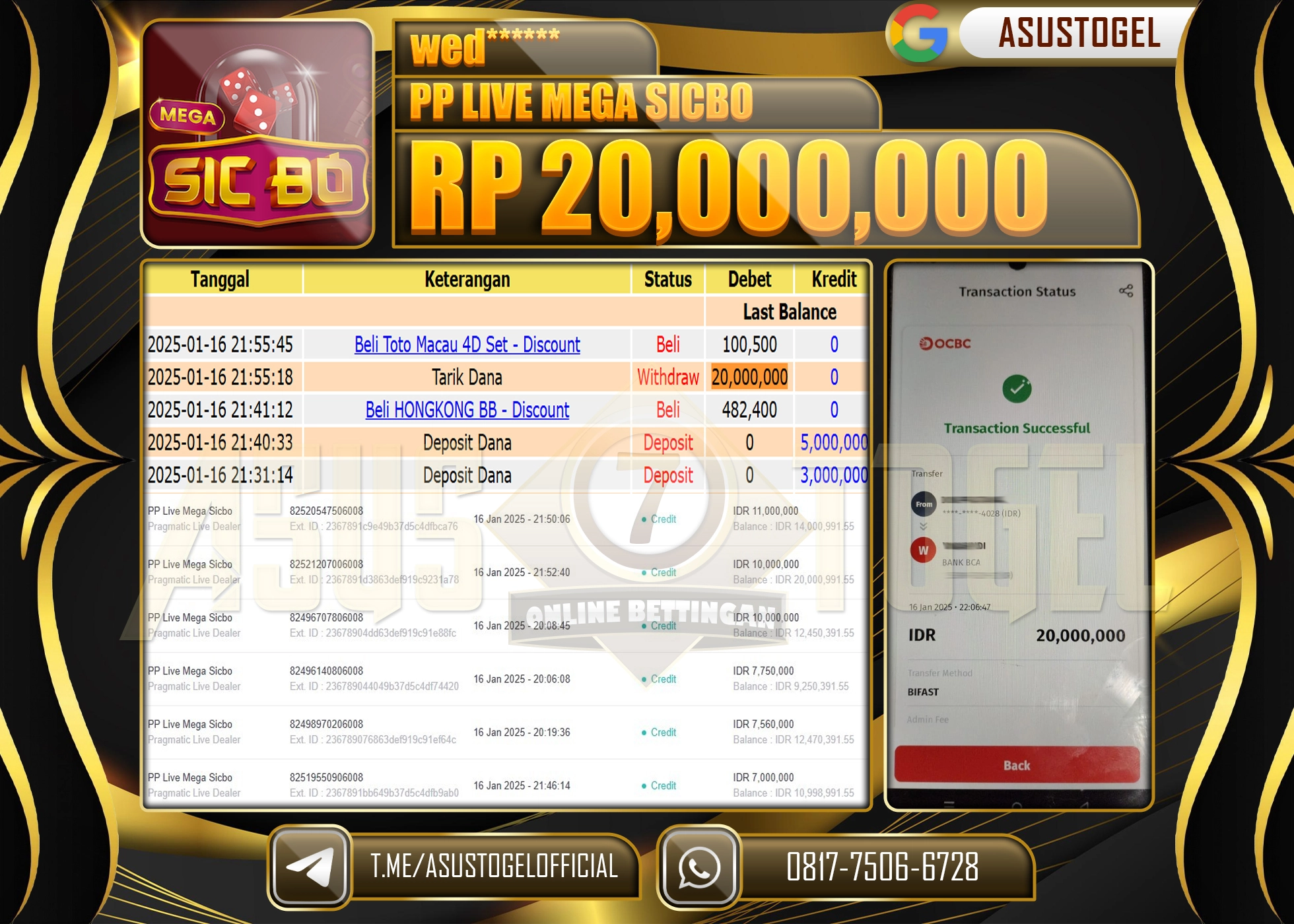 ASUSTOGEL KEMENANGAN DI PP LIVE MEGA SICBO SEBESAR 20.000.000 - RUPIAH LUNAS