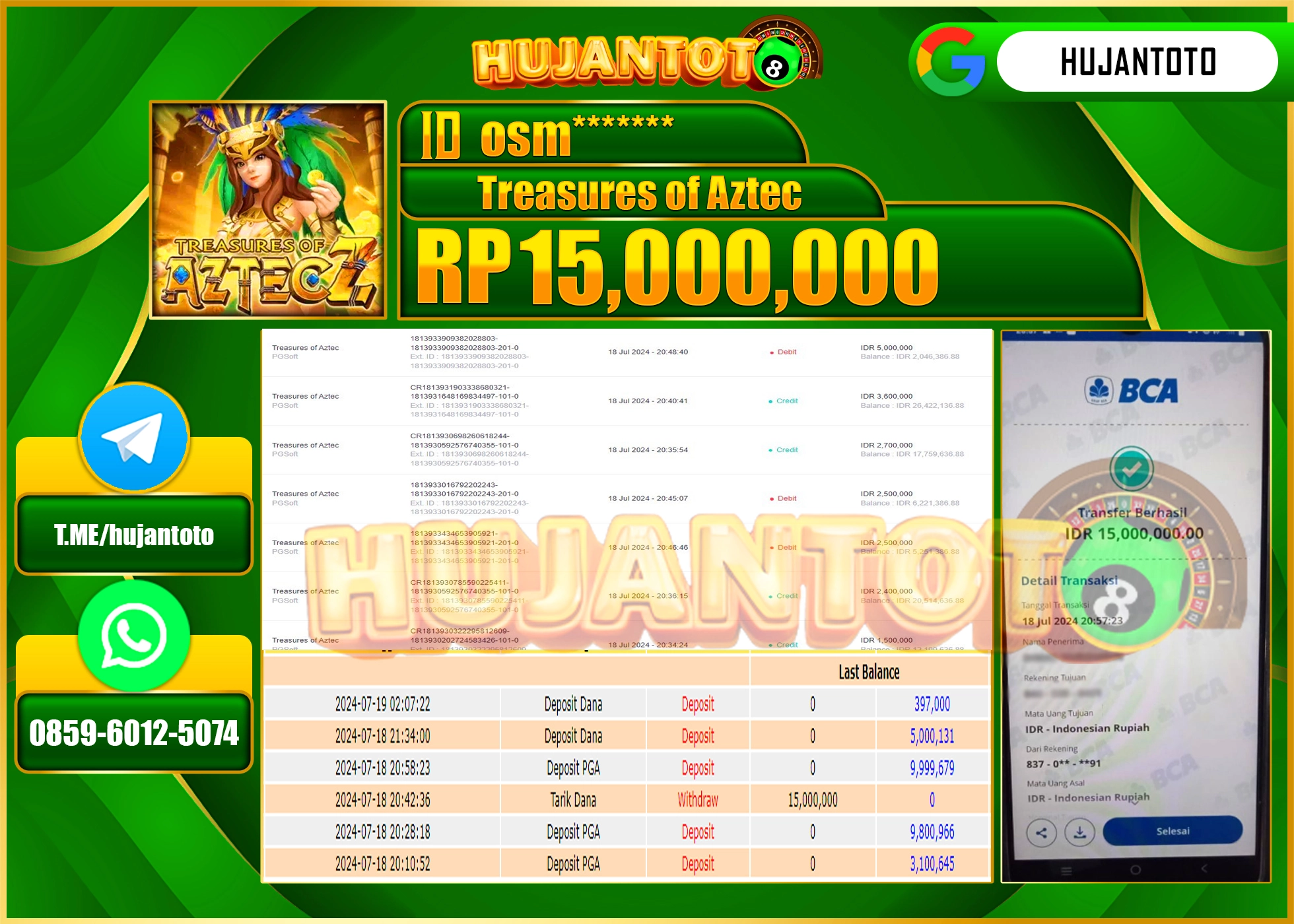 HUJANTOTO MENANG  SLOT TREASURE OF AZTEC  15.000.000 - LUNAS 
