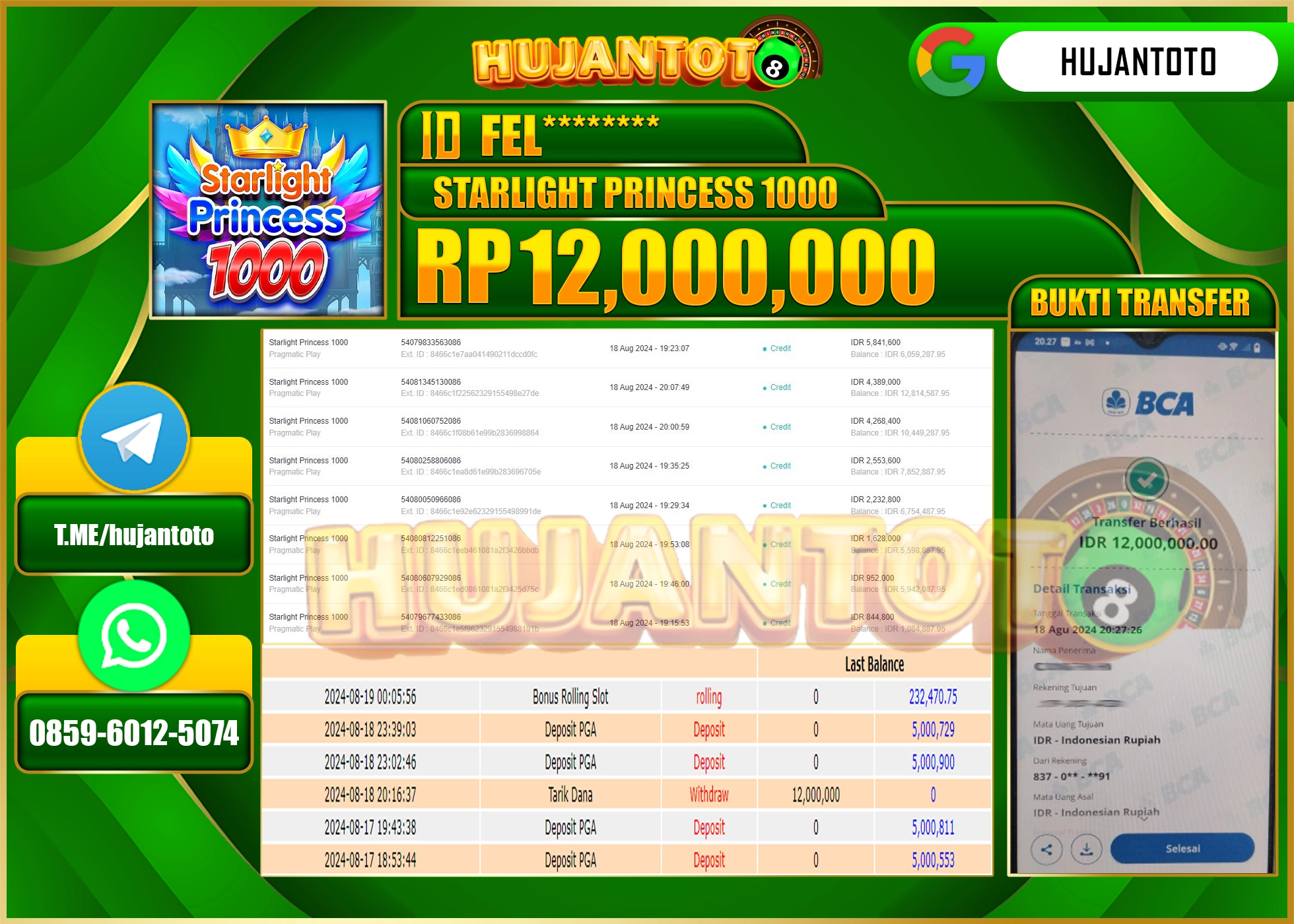 HUJANTOTO MENANG DI PERMAINAN SLOT STARLIGHT PRINCESS 1000, 12.000.000 - LUNAS 