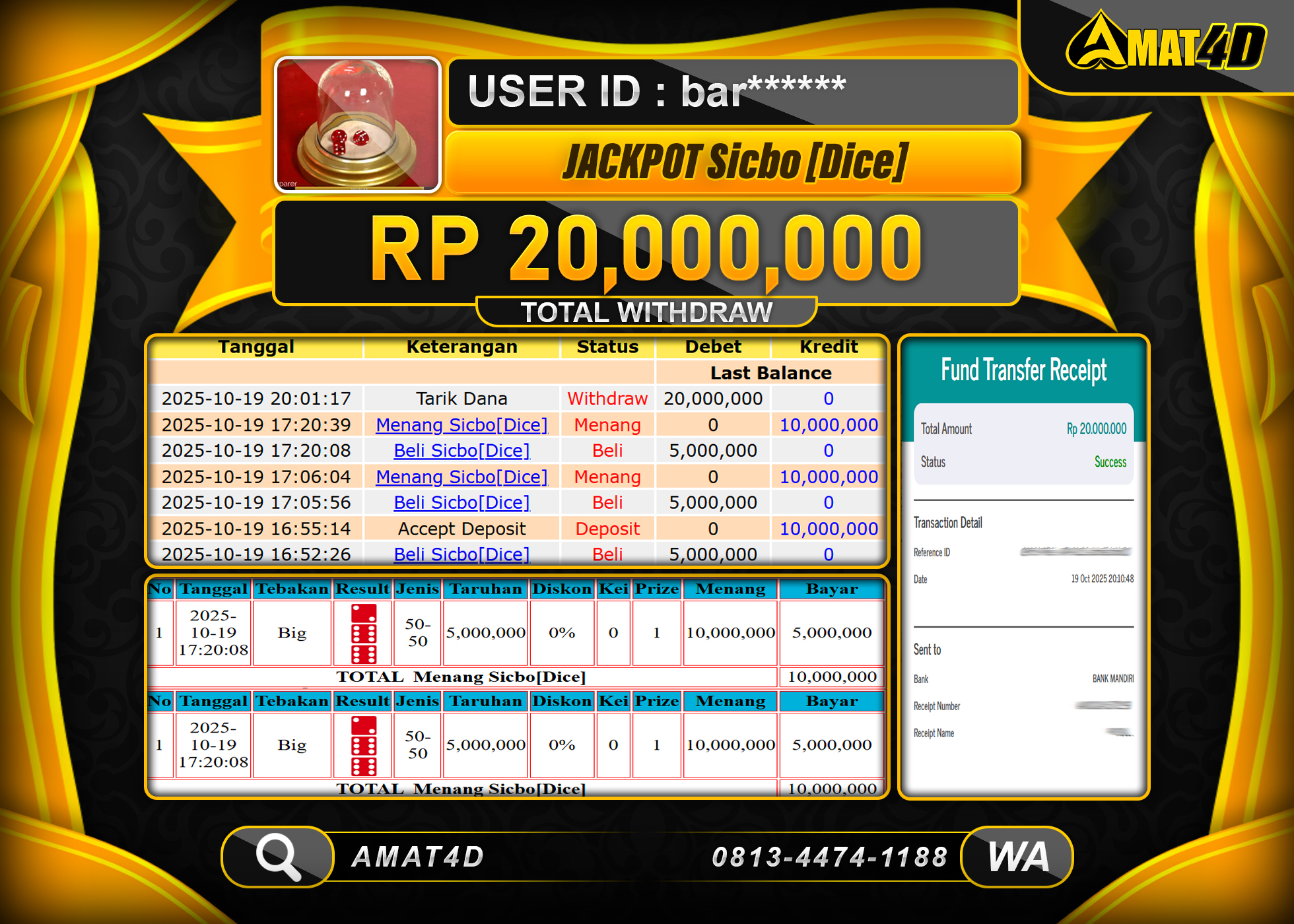 AMAT4D KEMENANGAN LIVE CASINO SICBO DICE Rp.20.000.000 BERHASIL TERBAYAR LUNAS