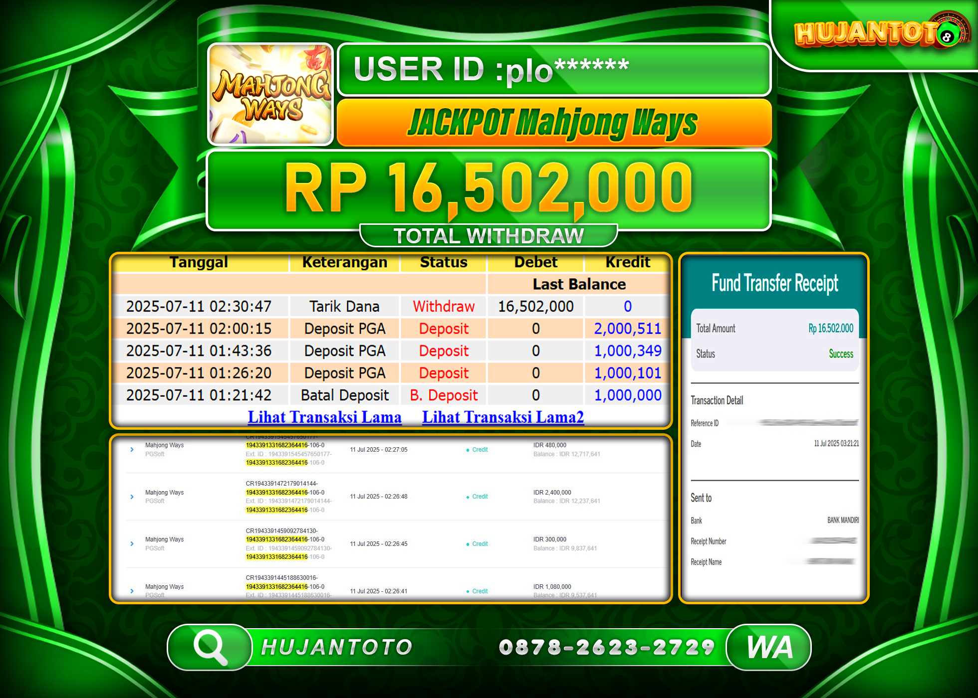   HUJANTOTO - BUKTI JACKPOT MENANG SLOT MAHJONG WAYS  Rp.16,502,000 - TERBAYAR LUNAS