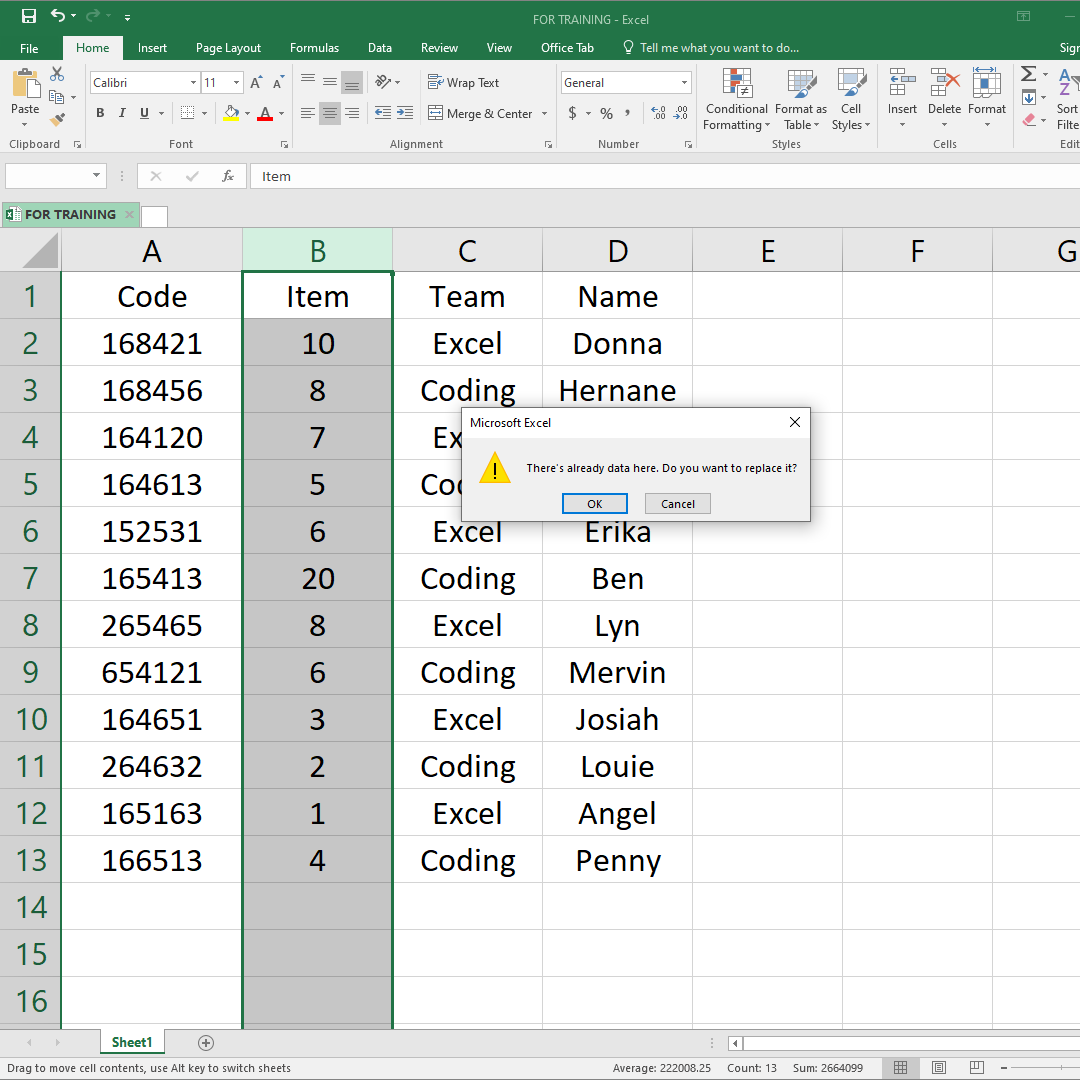 Screenshot of an Excel operation to move columns