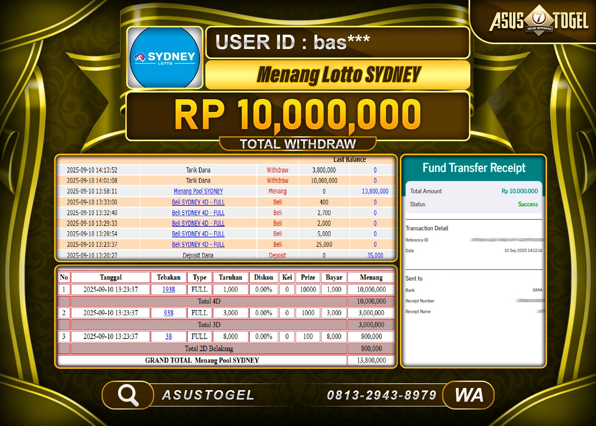 ASUSTOGEL KEMENANGAN DI TOGEL SYDNEY LOTTO SEBESAR 10,000,000- RUPIAH LUNAS 