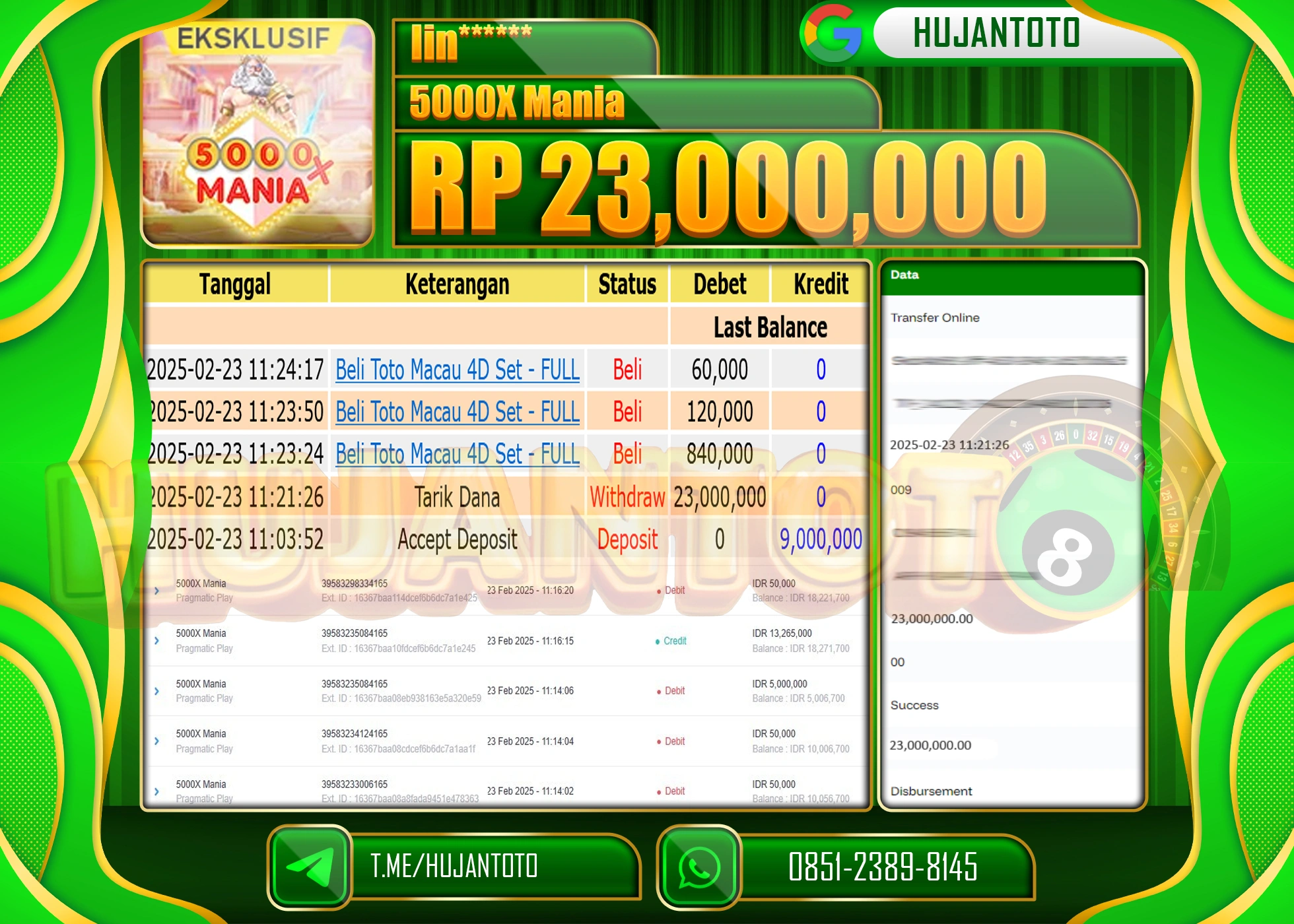 HUJANTOTO - BUKTI JACKPOT MENANG SLOT PRAGMATIC 5000X MANIA Rp,23,000,000 - TERBAYAR LUNAS