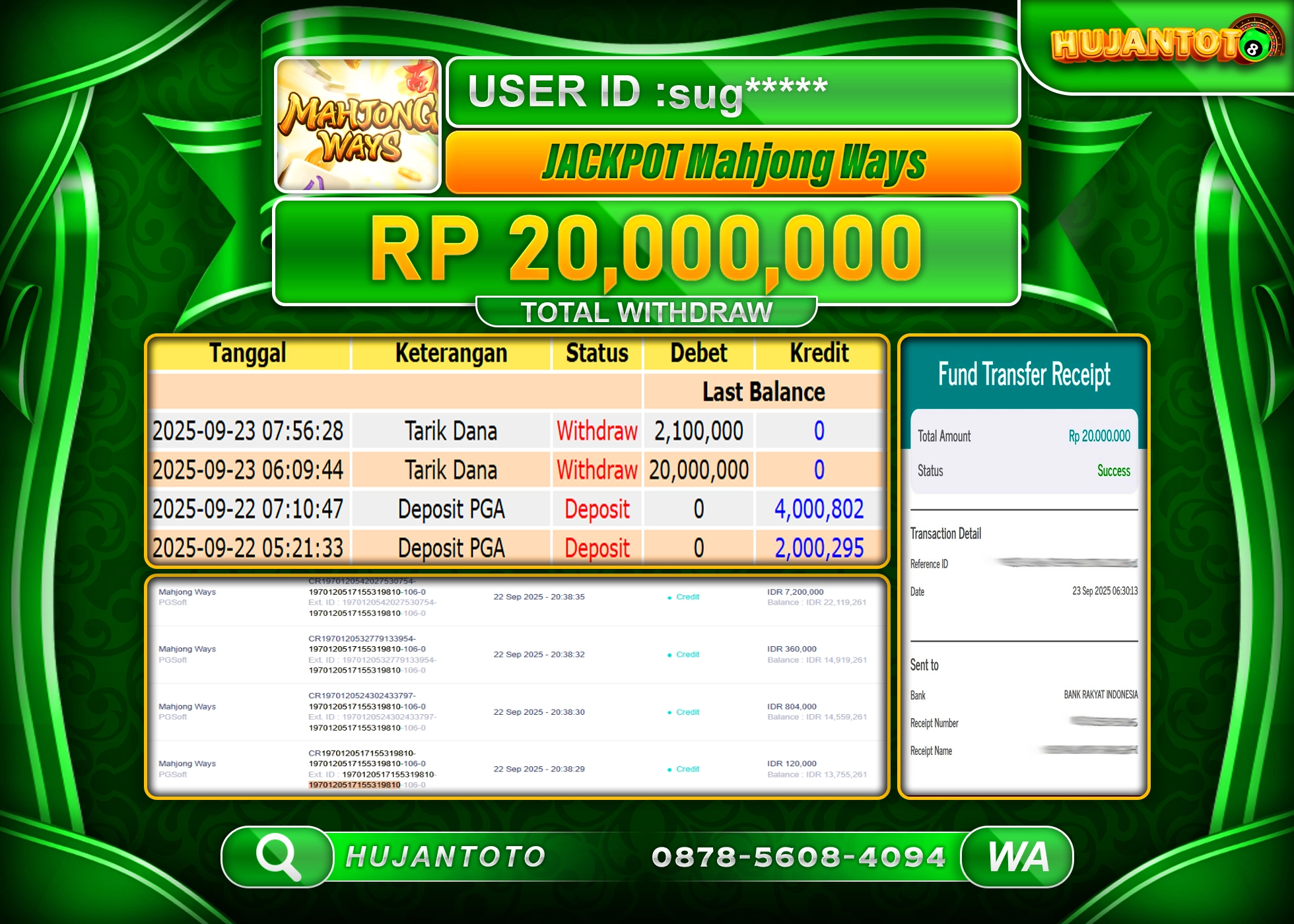 HUJANTOTO - BUKTI JACKPOT MENANG SLOT MAHJONG WAYS Rp.20,000,000 - TERBAYAR LUNAS