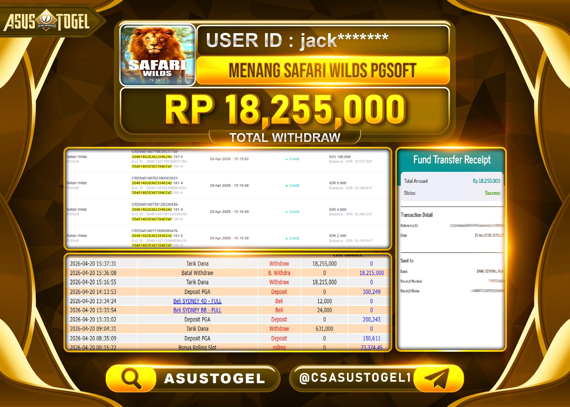 ASUSTOGEL KEMENANGAN JACKPOT DI PERMAINAN SLOT SAFARI WILDS SEBESAR Rp.18,255,000 - RUPIAH LUNAS