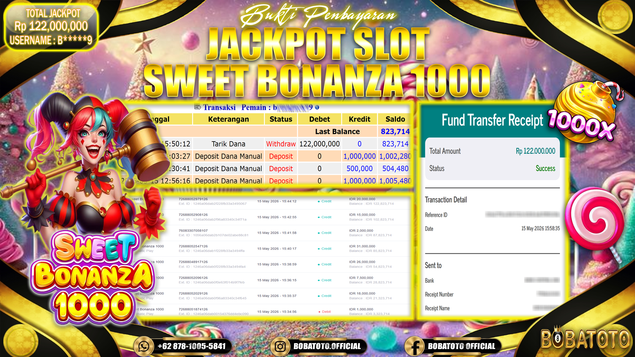 BOBATOTO JACKPOT  SLOT PRAGMATIC SWEET BONANZA 1000  Rp.122,000,000,- LUNAS!!!