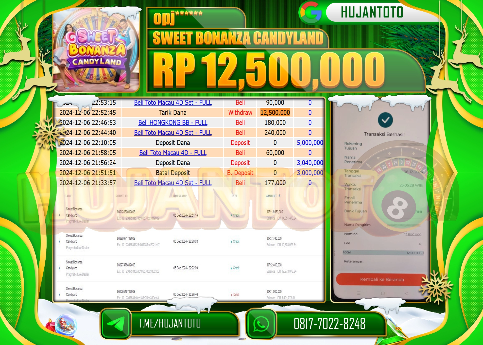 HUJANTOTO ATAS KEMENANGAN BESAR YANG  DI RAIH DI PERMAINAN SWEET BONANZA CANDYLAND- 12,500,000 -TERBAYAR - LUNAS 