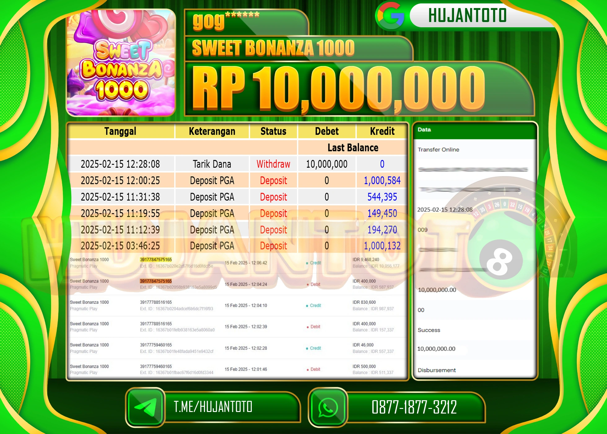 HUJANTOTO - BUKTI JACKPOT MENANG SLOT SWEET BONANZA 1000 Rp,10.000,000 - TERBAYAR LUNAS