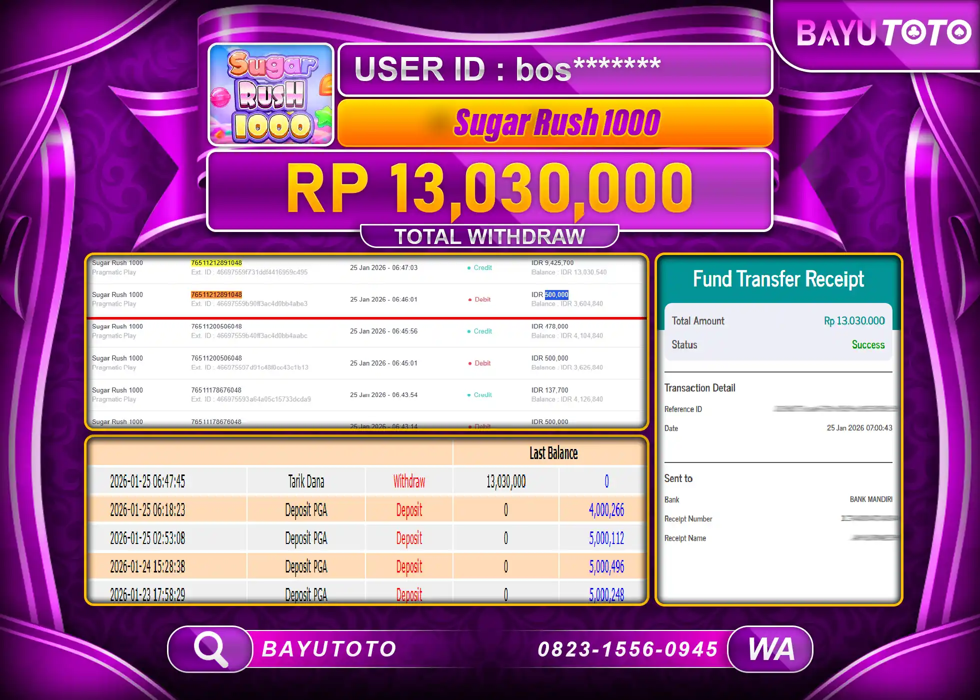 SELAMAT MEMBER SETIA BAYUTOTO JACKPOT DI SLOT GAME SUGAR RUSH 1000 Rp. 13,030,000 LUNAS