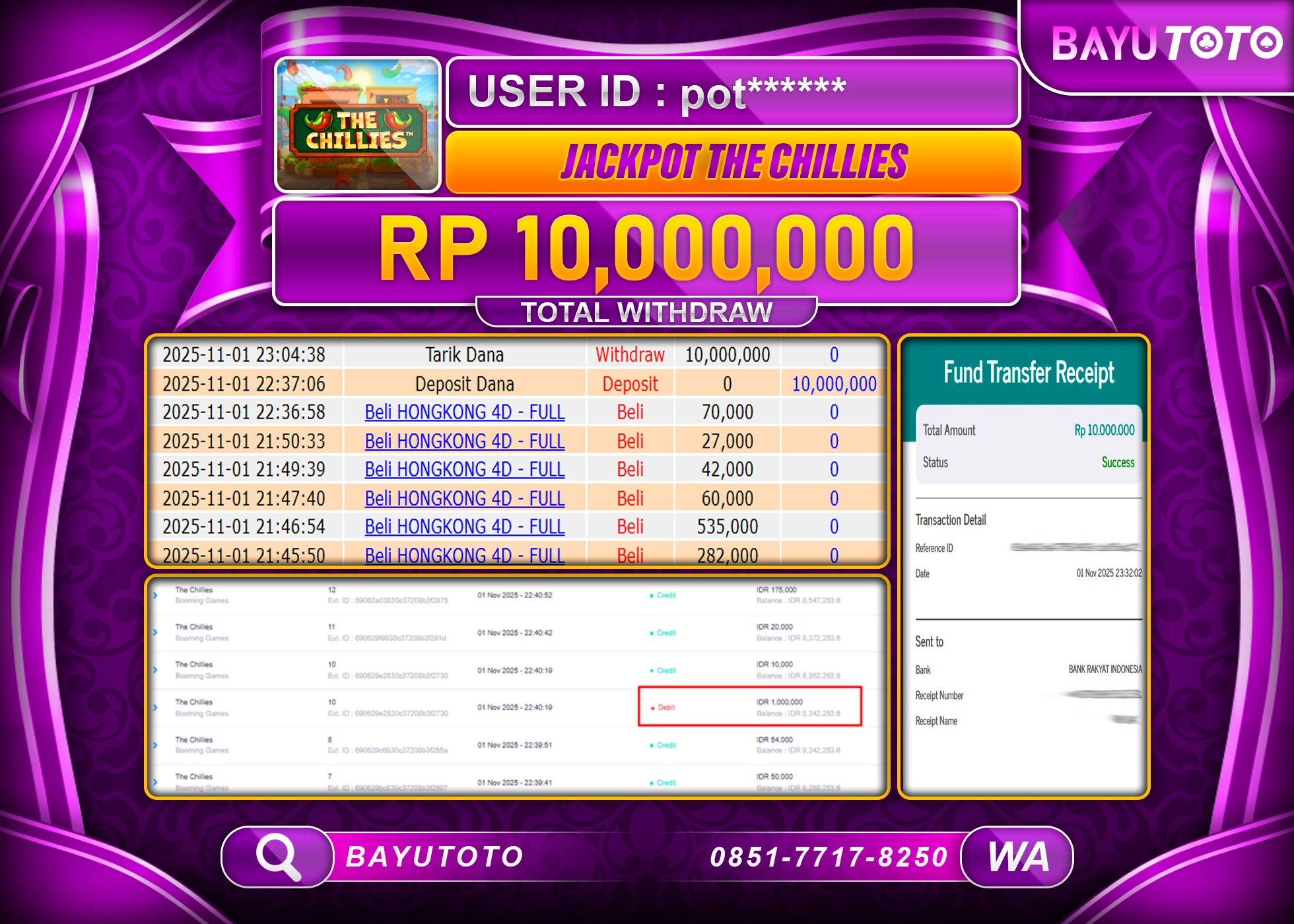 MEMBER BAYUTOTO JACKPOT DI SLOT THE CHILLIES Rp. 10,000,000 LUNAS