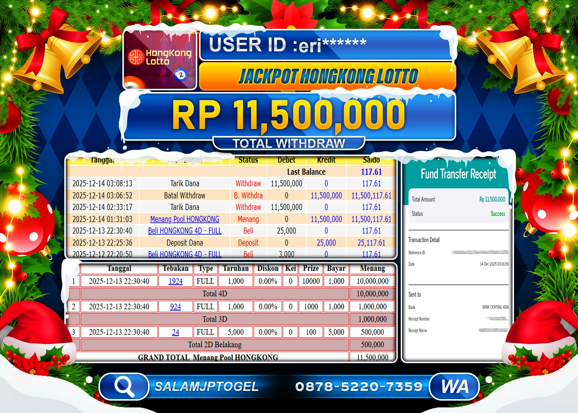 SALAMJPTOGEL JACKPOT HONGKONG LOTTO Rp.11,500,000 - LUNAS