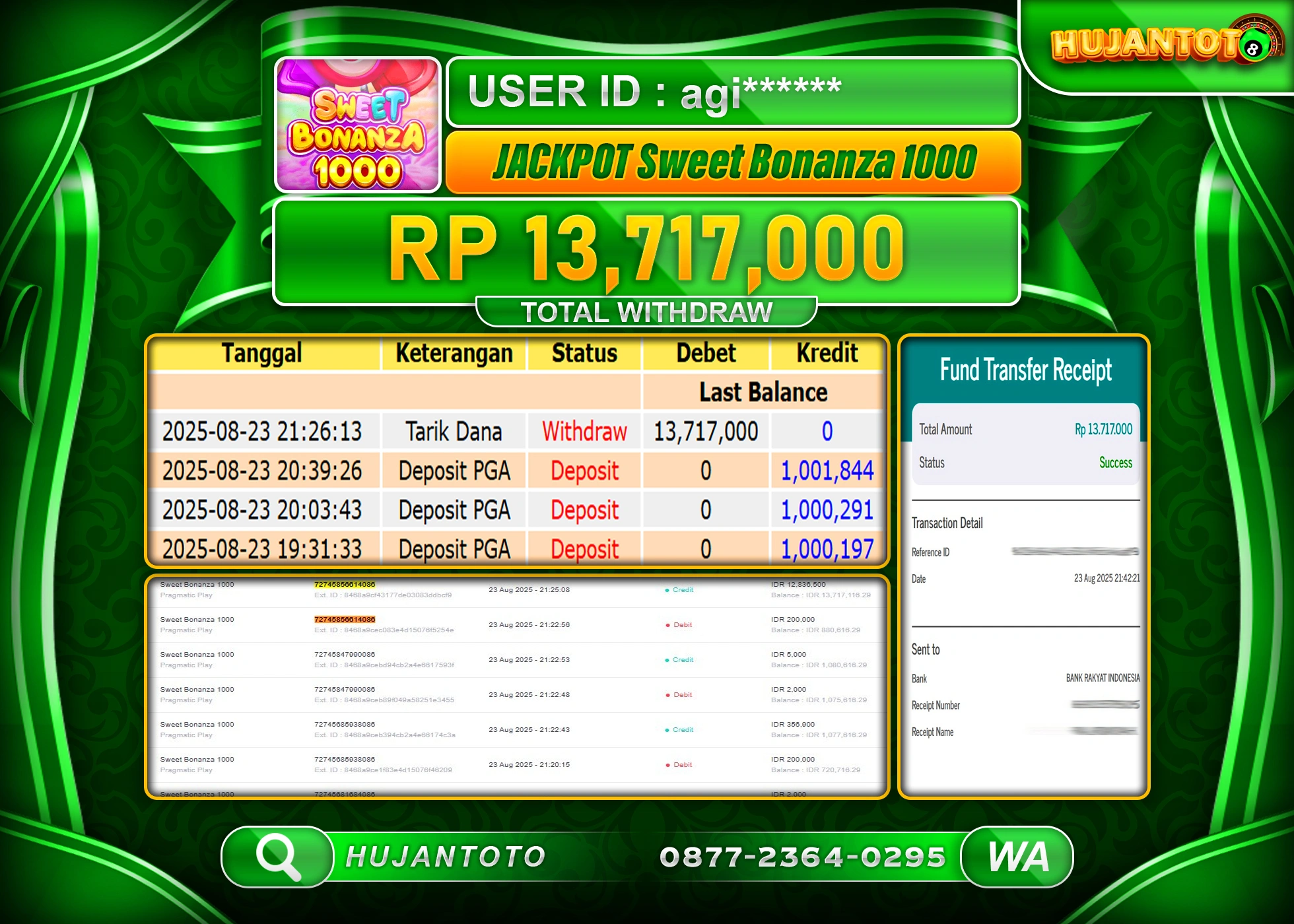 HUJANTOTO - BUKTI JACKPOT MENANG SLOT SWEET BONANZA 1000  Rp.13,717,000 - TERBAYAR LUNAS