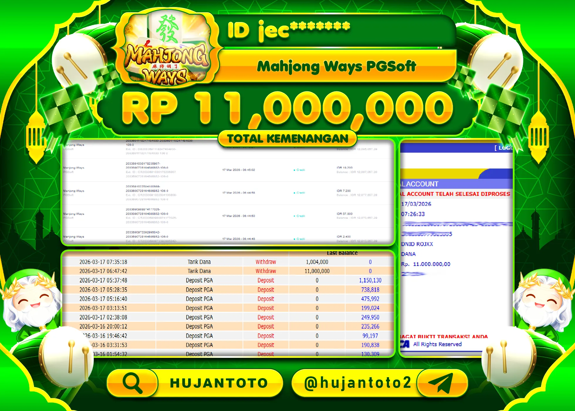 HUJANTOTO - BUKTI JACKPOT MENANG SLOT MAHJONG WAYS Rp.11,000,000 - TERBAYAR LUNAS