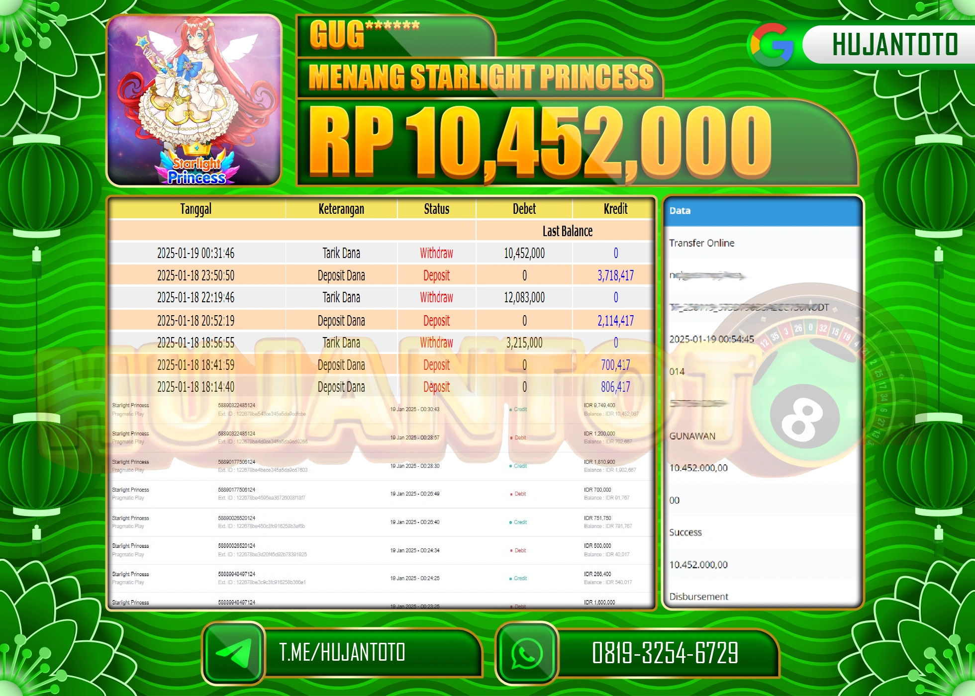 HUJANTOTO - BUKTI JACKPOT DI PERMAINAN STARLIGHT PRINCESS Rp,10,452,000 - TERBAYAR LUNAS