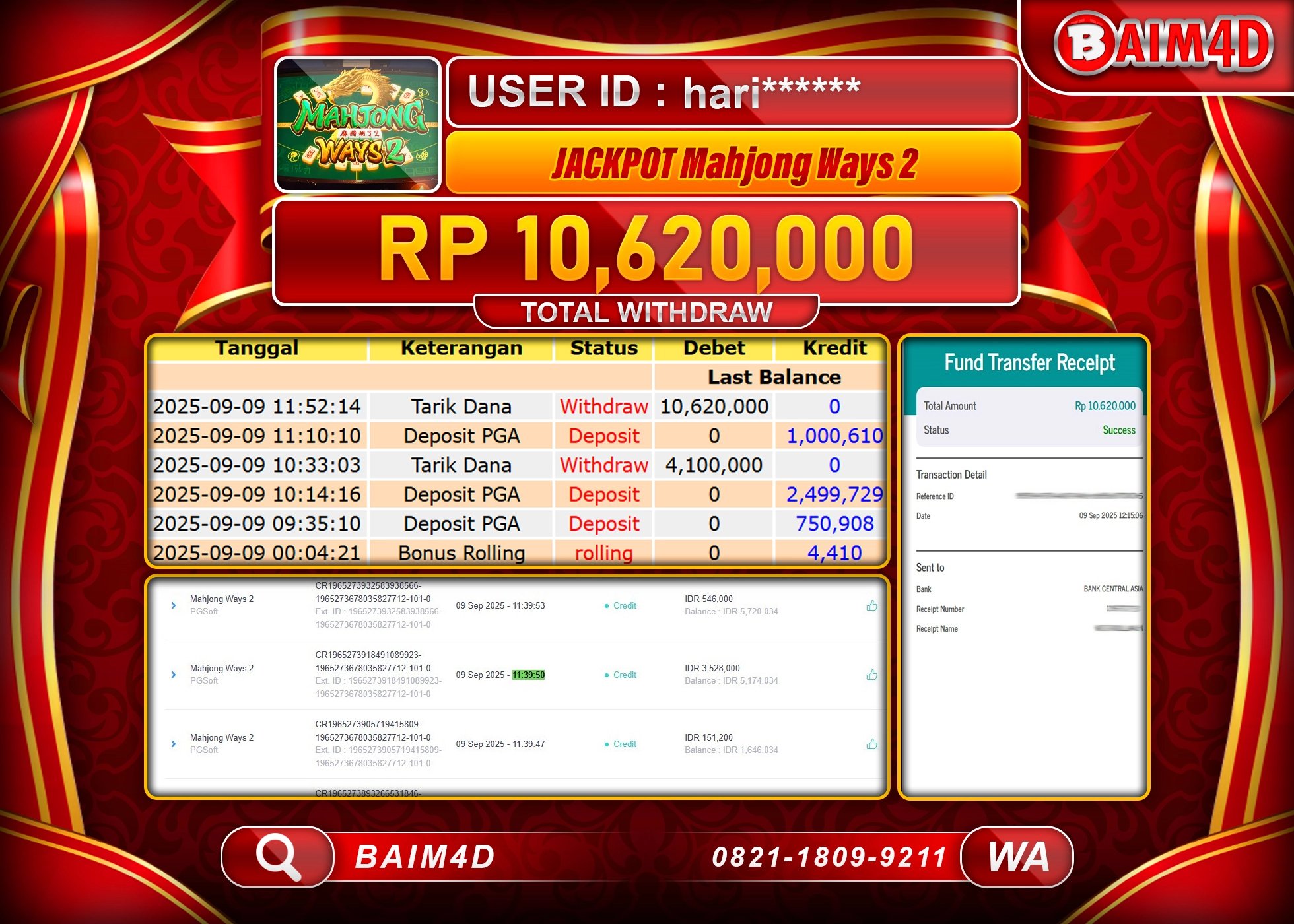BAIM4D JACKPOT SLOT MAHJONG WAYS 2 PGSOFT Rp.10,620,000.- LUNAS