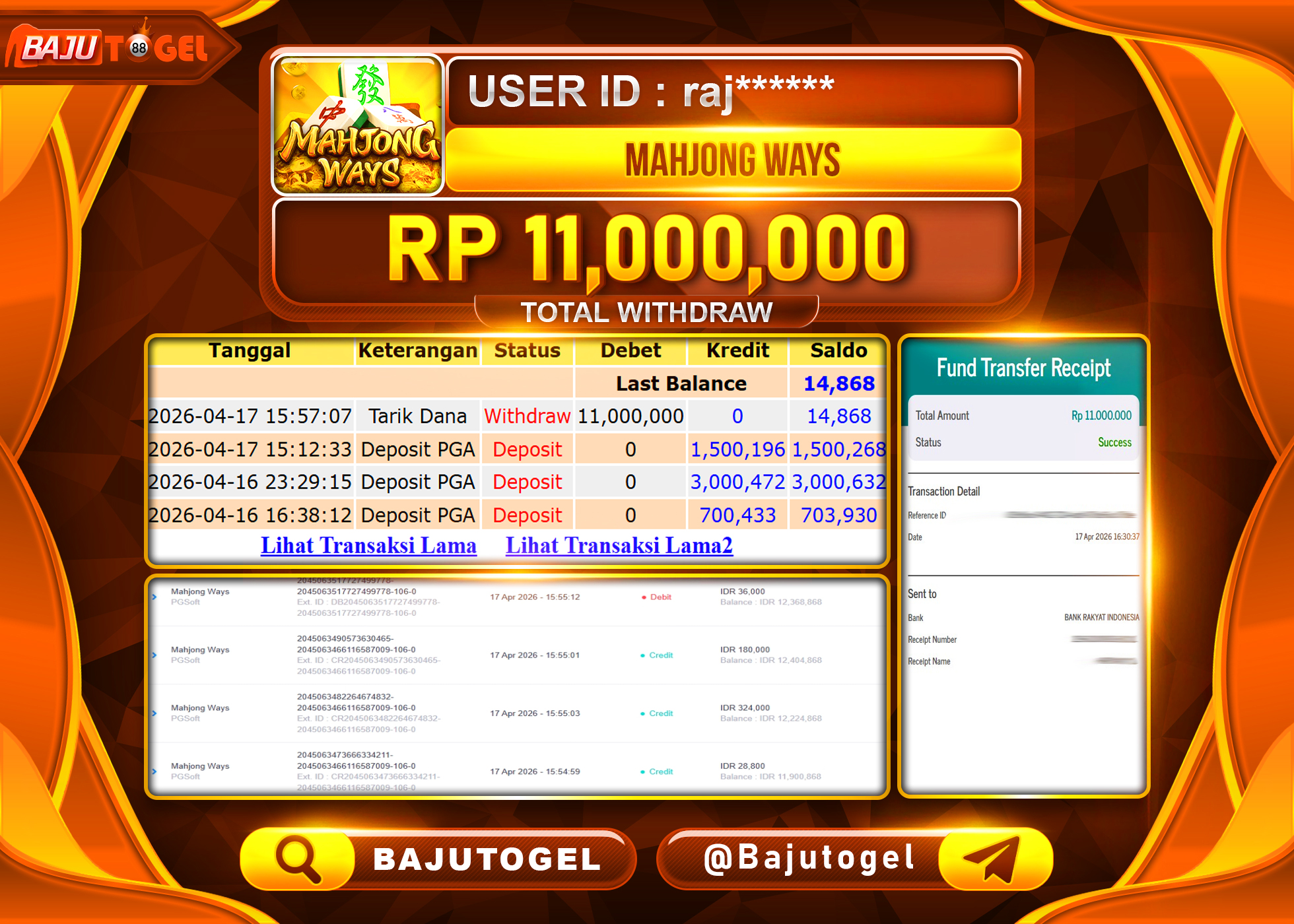 BAJUTOGEL KEMENANGAN DI MAHJONG WAYS PGSOFT  Rp.11,000,000 LUNAS