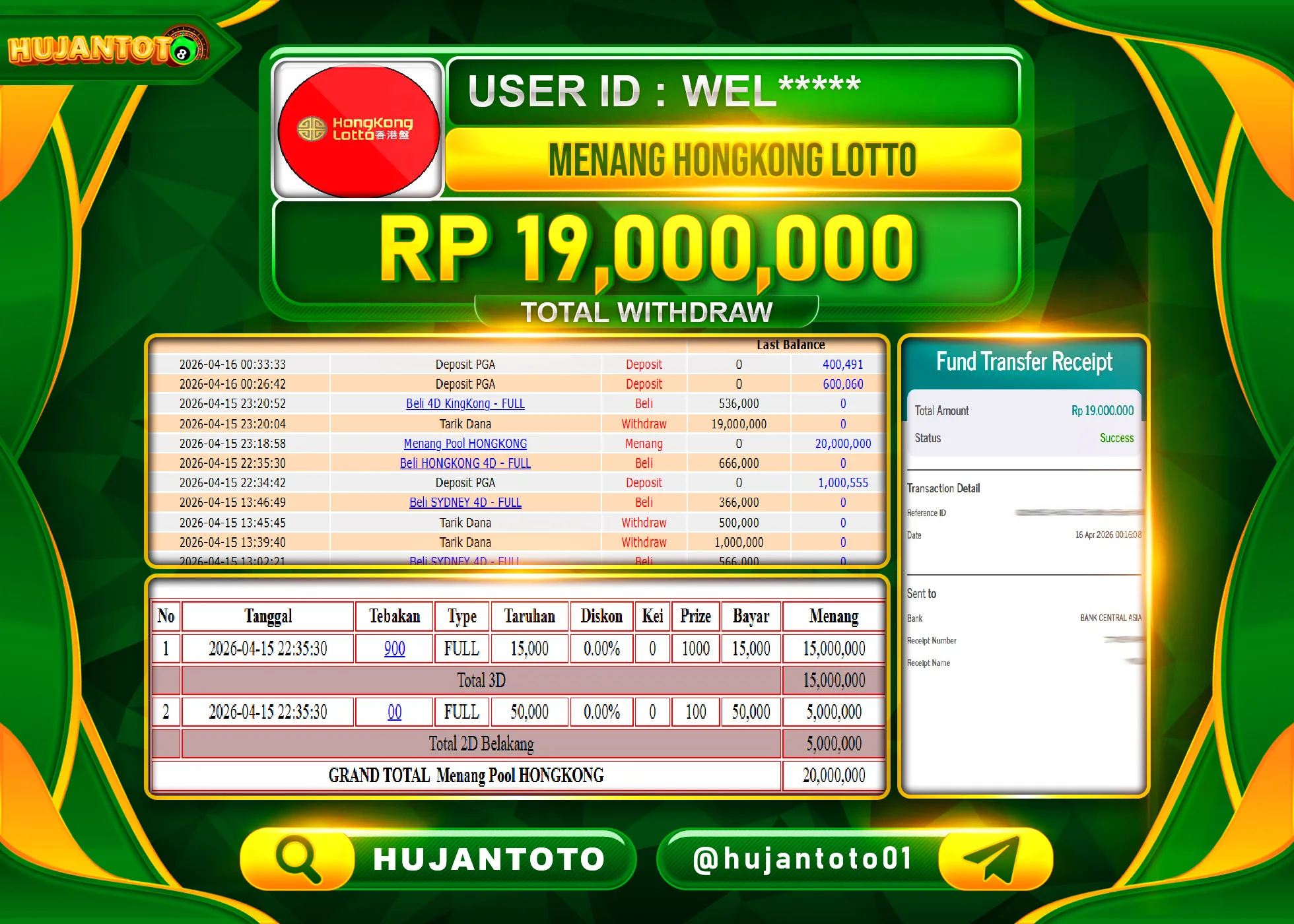HUJANTOTO - BUKTI JACKPOT MENANG TOGEL HONGKONG LOTTO Rp.19,000,000 - TERBAYAR LUNAS