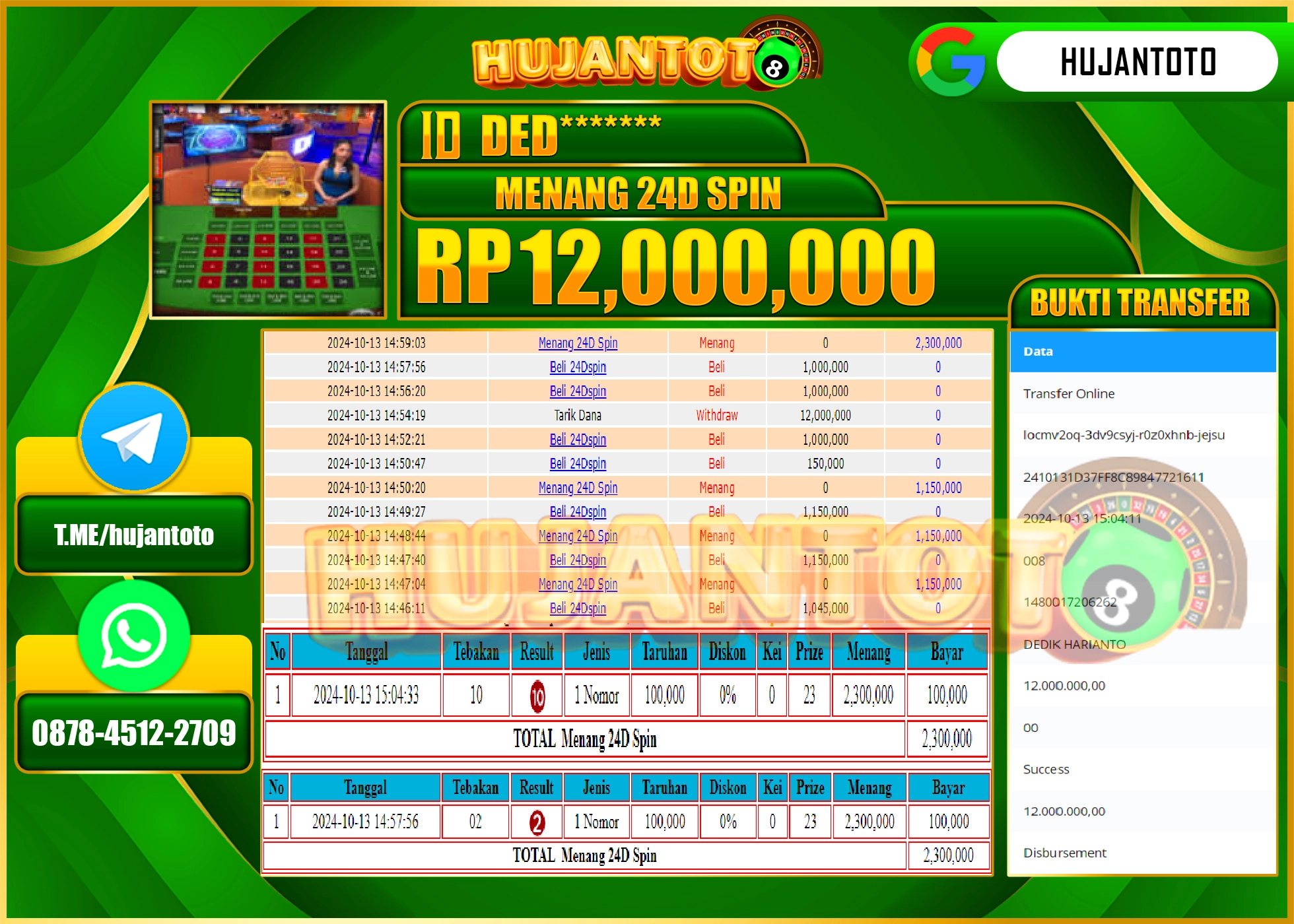 HUJANTOTO MENANG DI LIVE GAME 24D SPIN - 12,000,000- LUNAS 