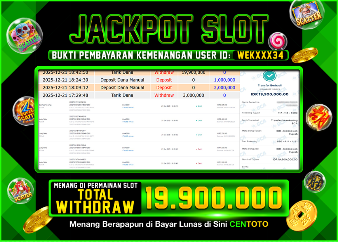 BUKTI JACKPOT SLOT CENTOTO  RP.19.900.000,-LUNAS