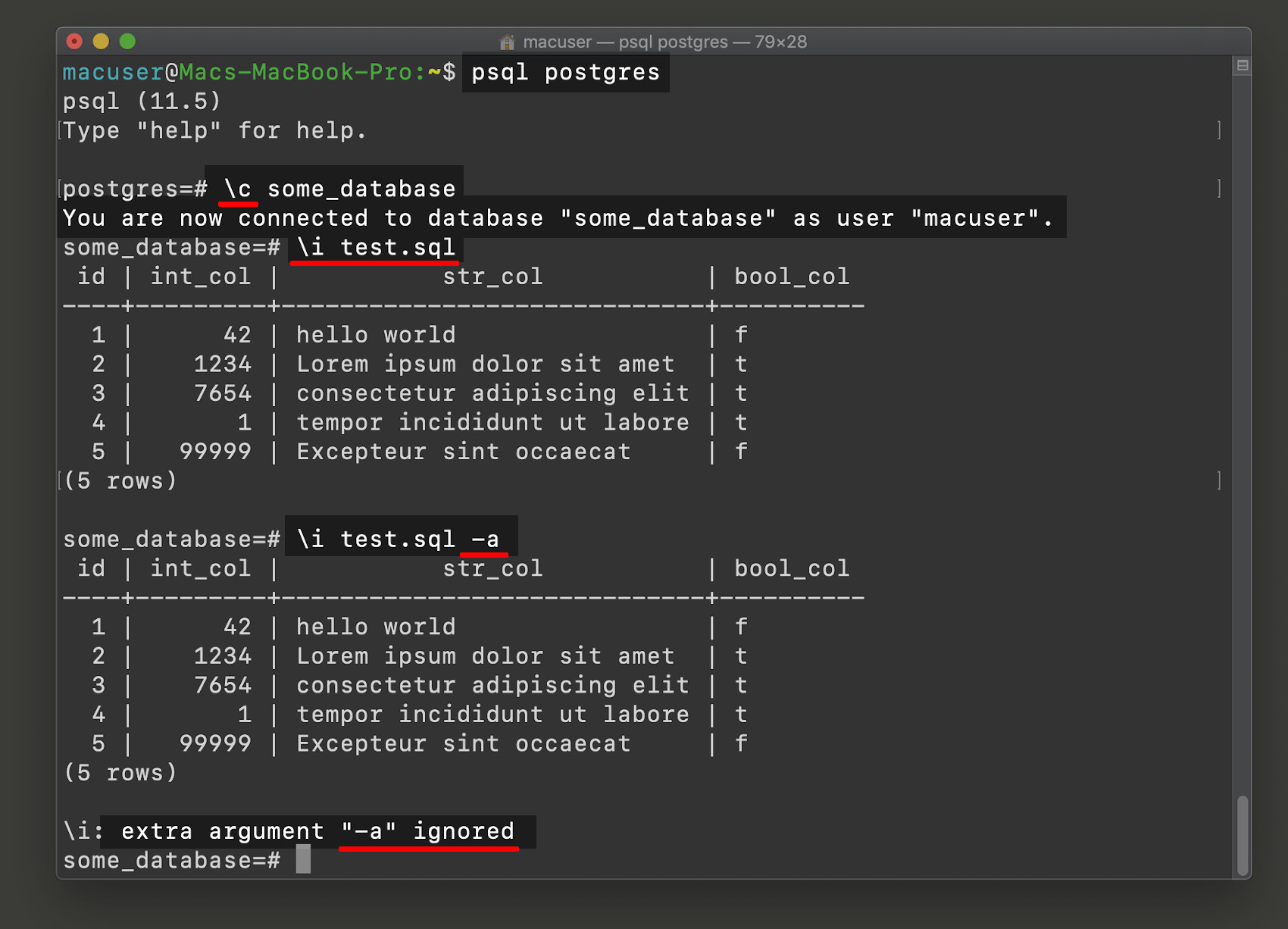 Screenshot of a psql PostgreSQL connection accessing a database and then executing a SQL file