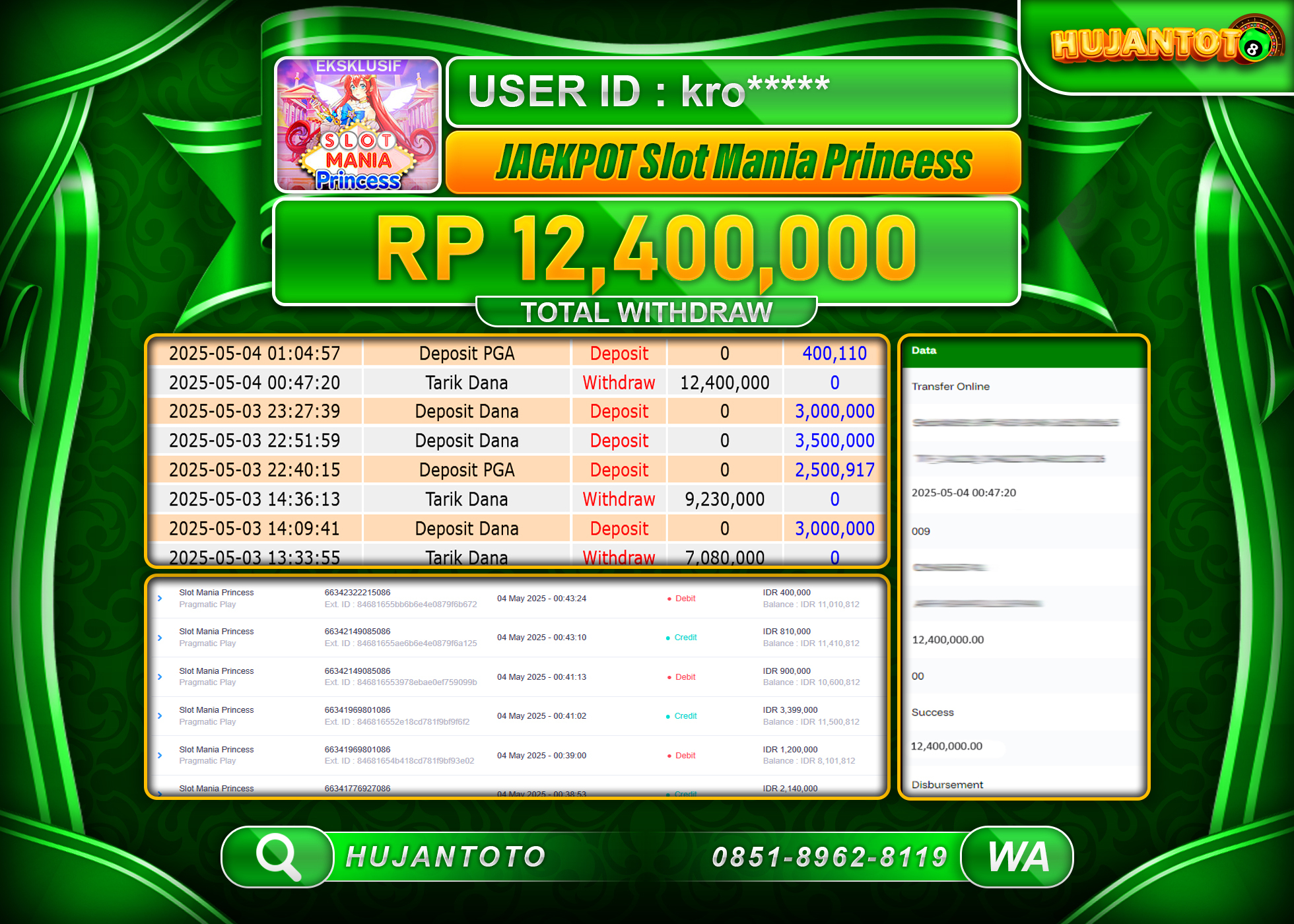 HUJANTOTO - BUKTI JACKPOT MENANG DI GAME SLOT MANIA PRINCESS Rp,12,400,000 - TERBAYAR LUNAS