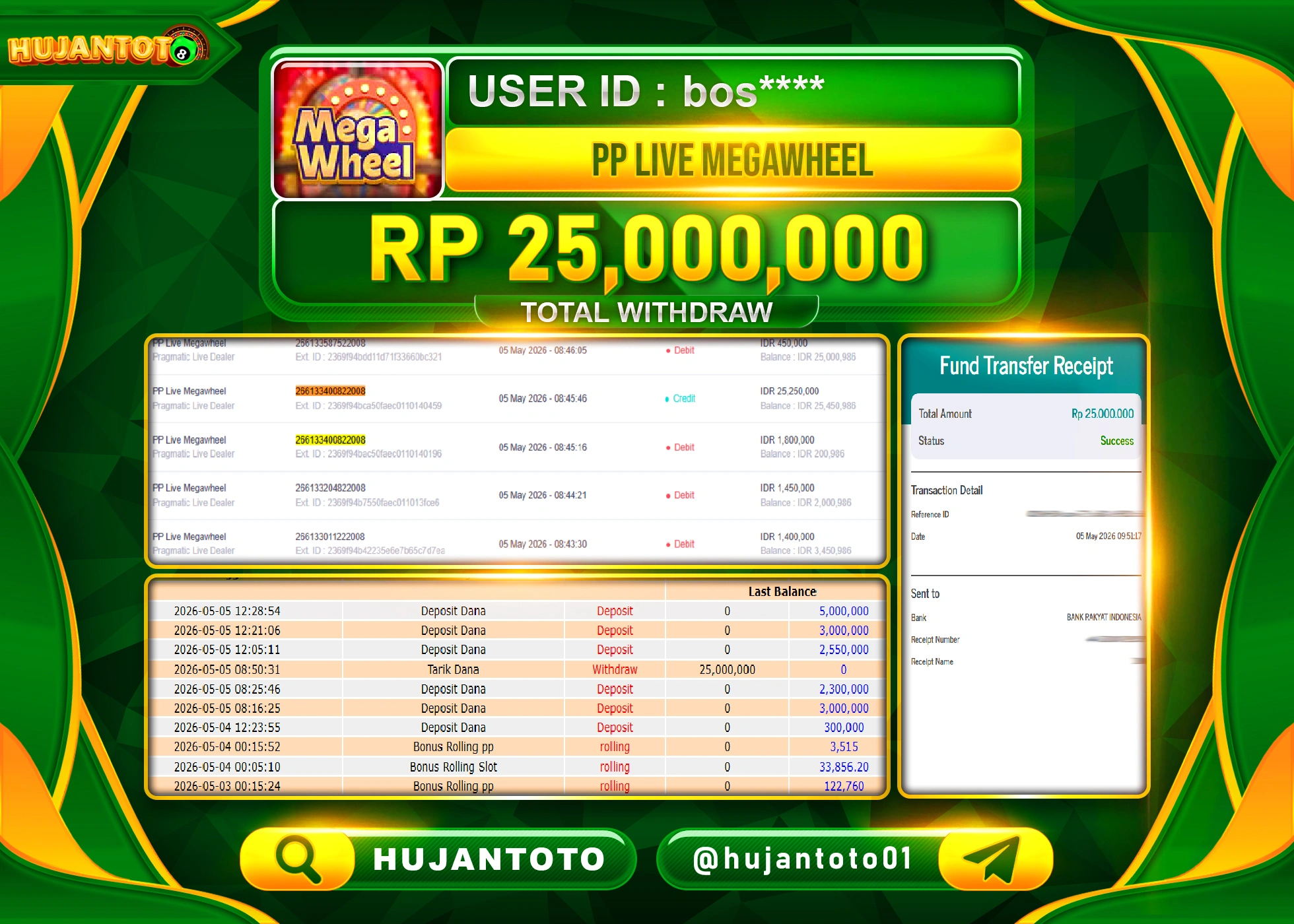 HUJANTOTO - BUKTI JACKPOT MENANG LIVEGAME PP MEGA WHELL Rp.25,000,000 - TERBAYAR LUNAS