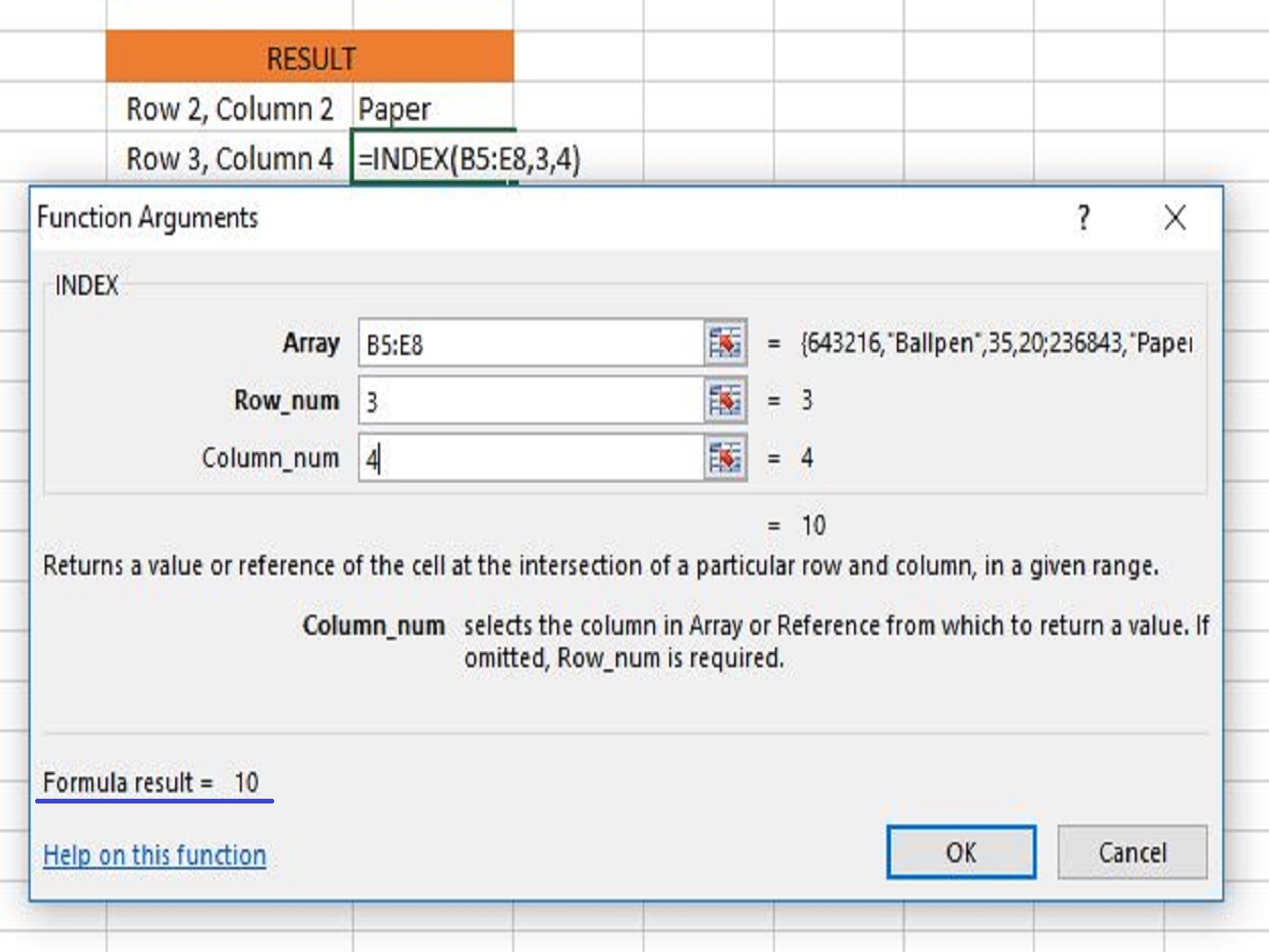 Screenshot of the excel index function array type