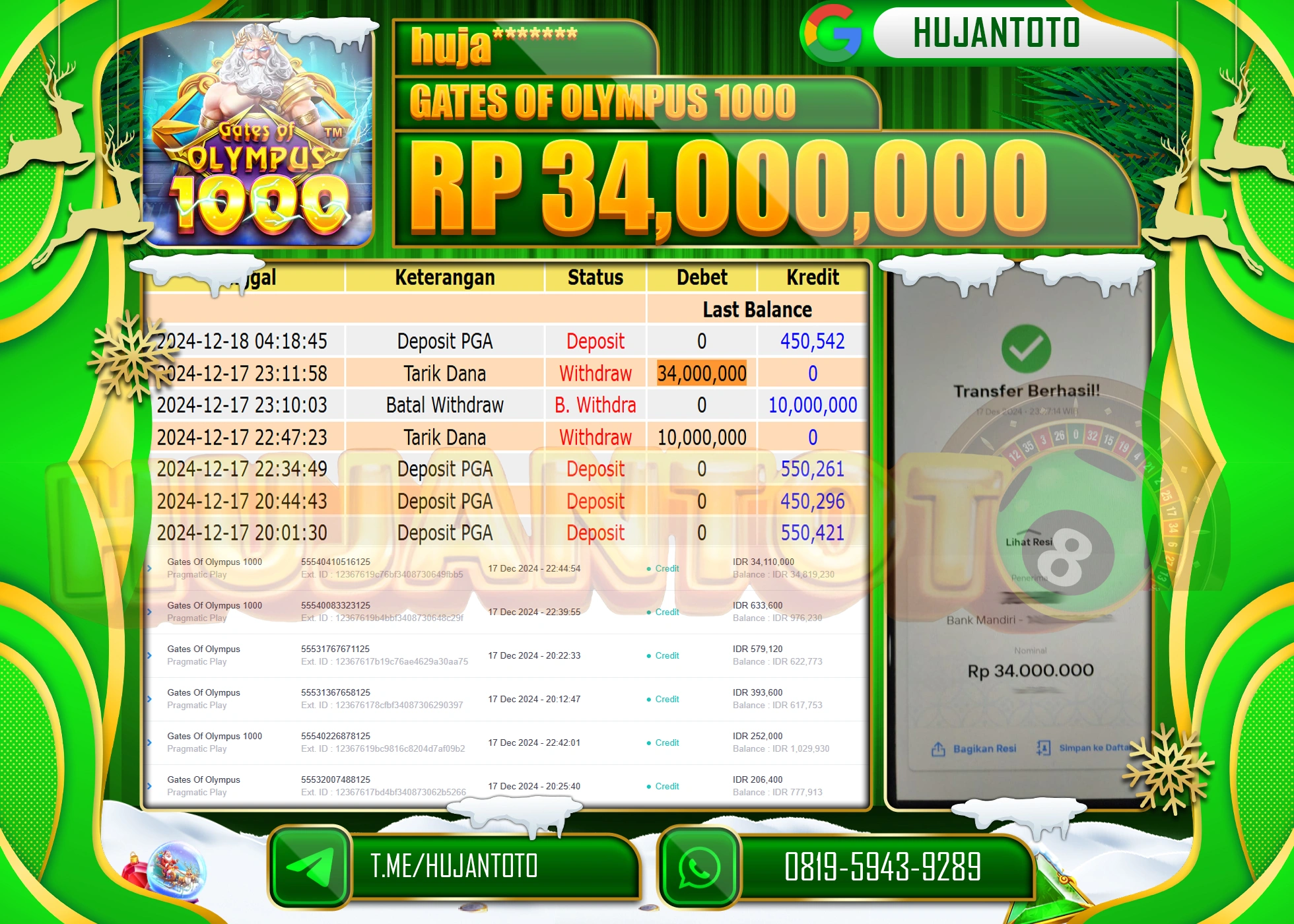 HUJANTOTO ATAS KEMENANGAN YANG DI RAIH DI PERMAINA SLOT GATES OF OLYMPUS 1000  - 34,000,000 - TERBAYAR LUNAS