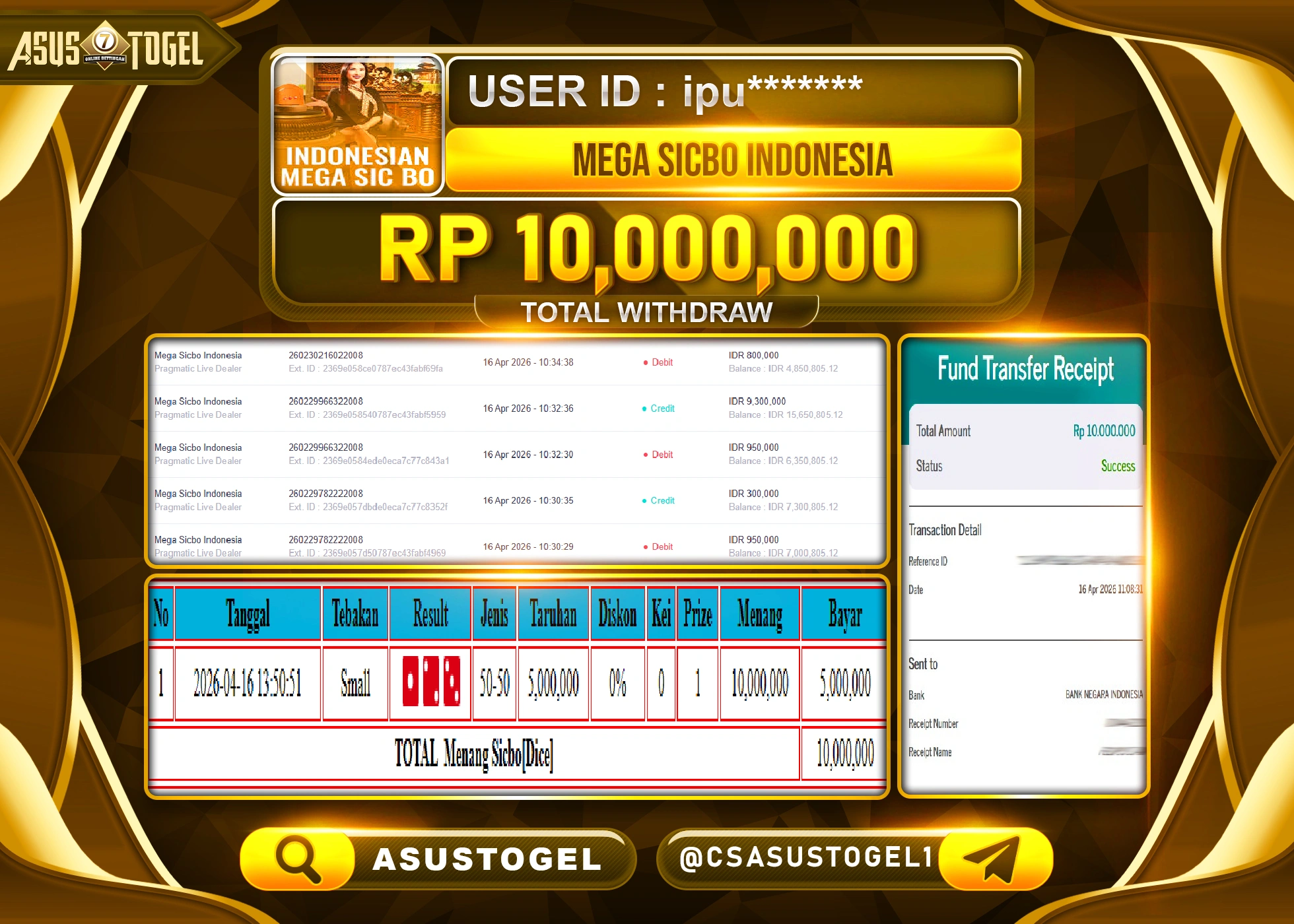 ASUSTOGEL KEMENANGAN JACKPOT DI PERMAINAN MEGA SICBO INDONESIA SEBESAR Rp.10,000,000 - RUPIAH LUNAS