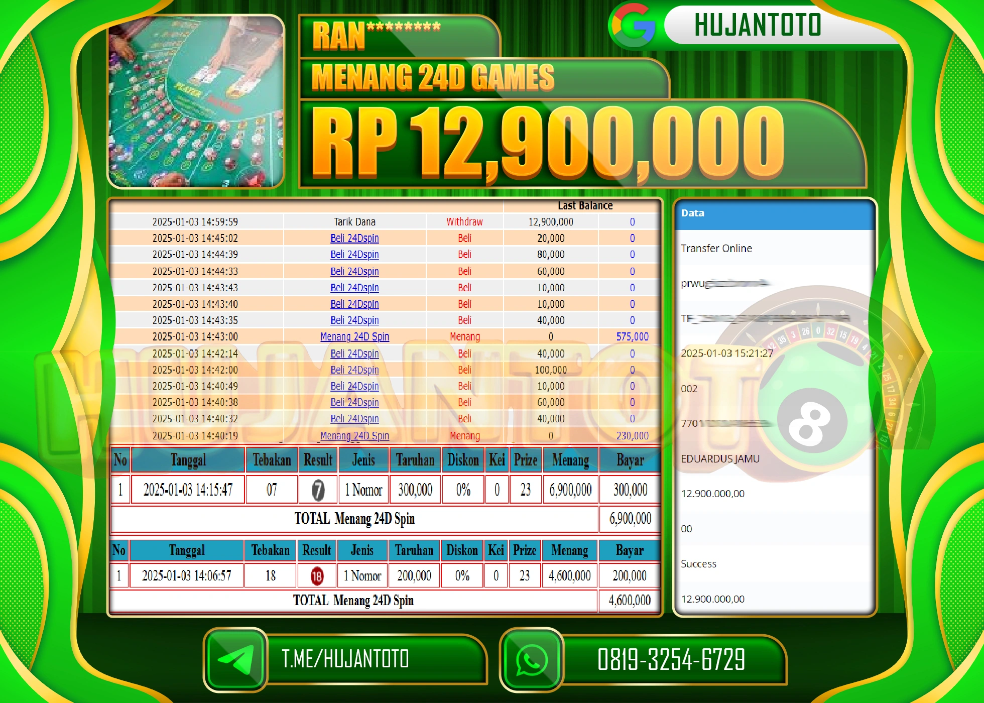 HUJANTOTO - BUKTI JACKPOT PERMAINAN LIVE GAME 24D GAMES Rp.12,900,000,- TERBAYAR LUNAS