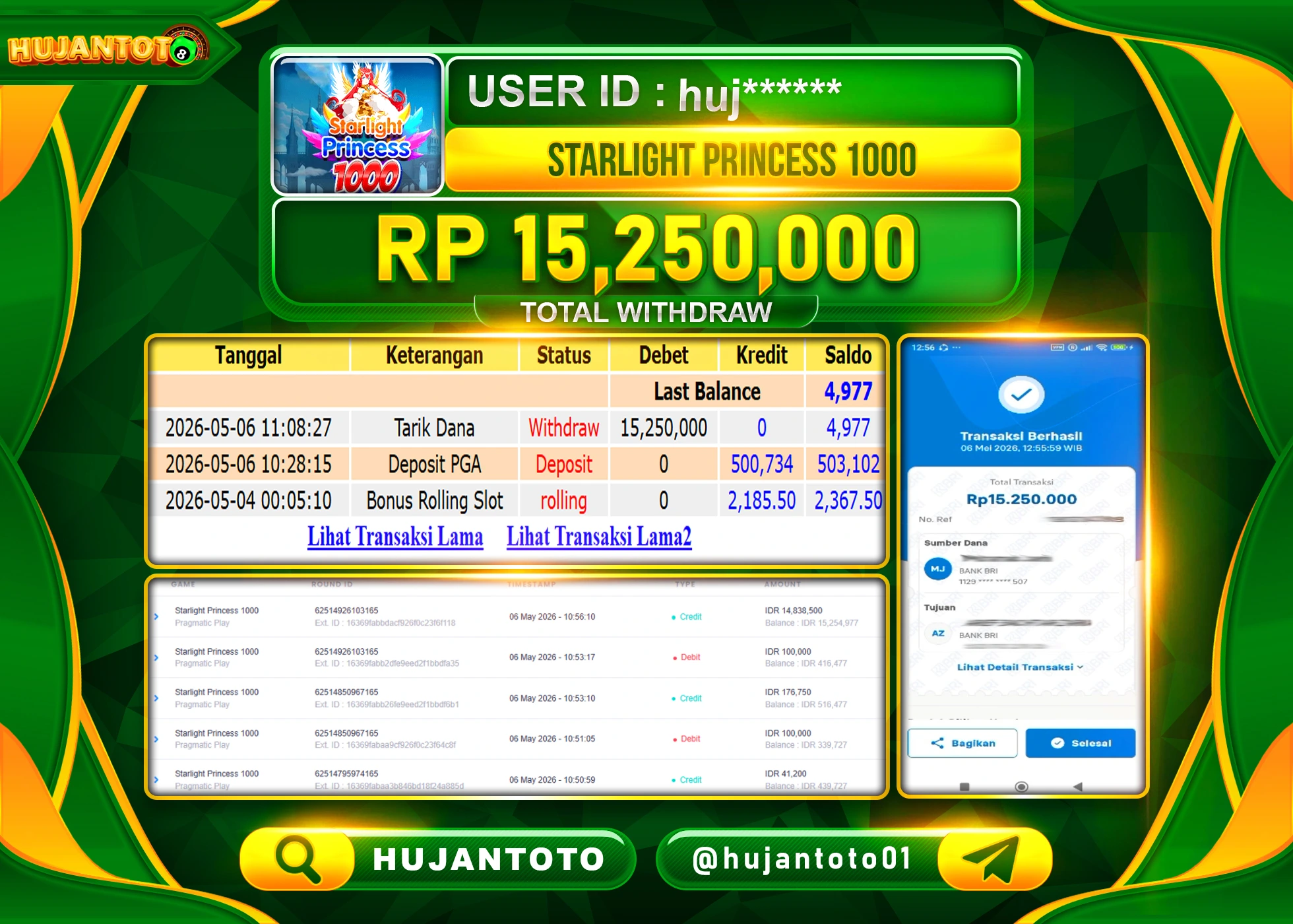 HUJANTOTO - BUKTI JACKPOT MENANG SLOT STARLIGHT PRINCESS 1000 Rp.15,250,000  - TERBAYAR LUNAS
