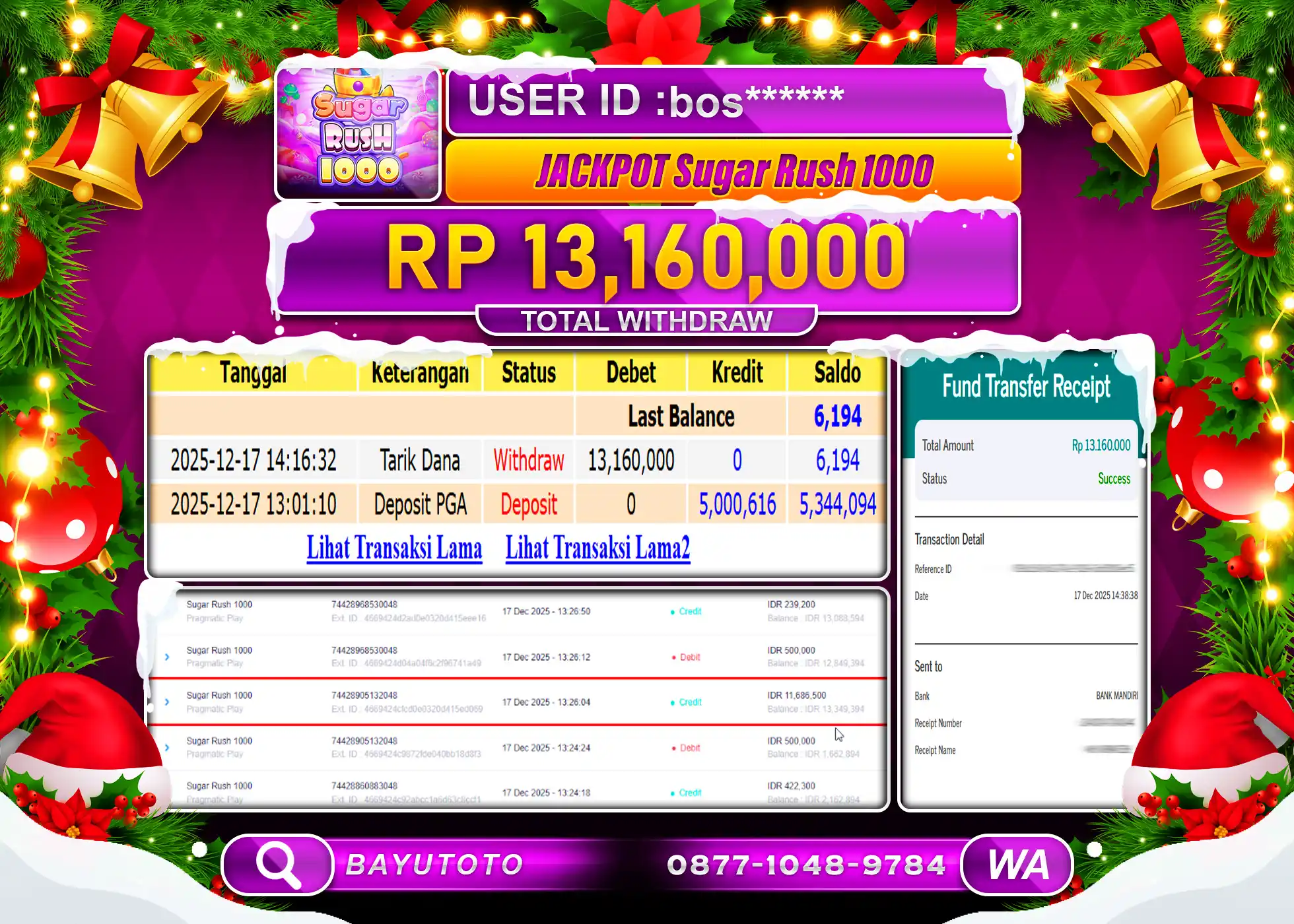 SELAMAT MEMBER SETIA BAYUTOTO JACKPOT DI SLOT SUGAR RUSH 1000 Rp. 13,160,000 LUNAS