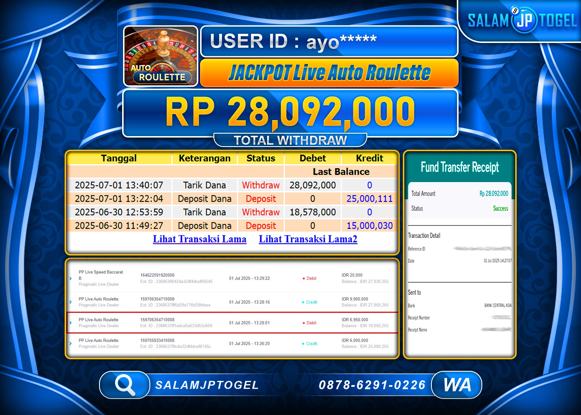 SALAMJPTOGEL MENANG JACKPOT Live Auto Roulette Rp.28,092,000 LUNAS