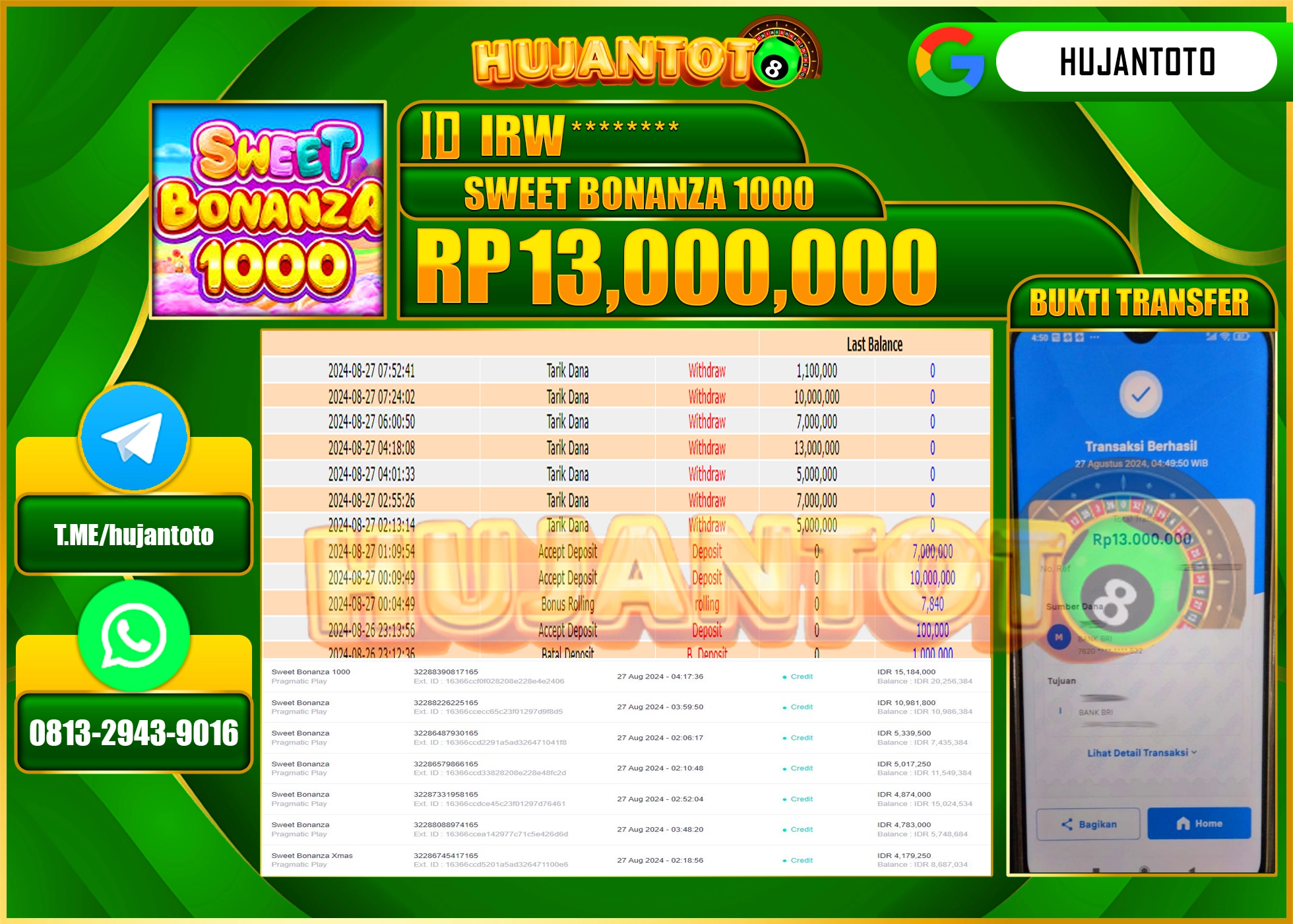HUJANTOTO MENANG BESAR DI PERMAINAN SLOT SWEET BONANZA 1000 , 13.000.000 - LUNAS 