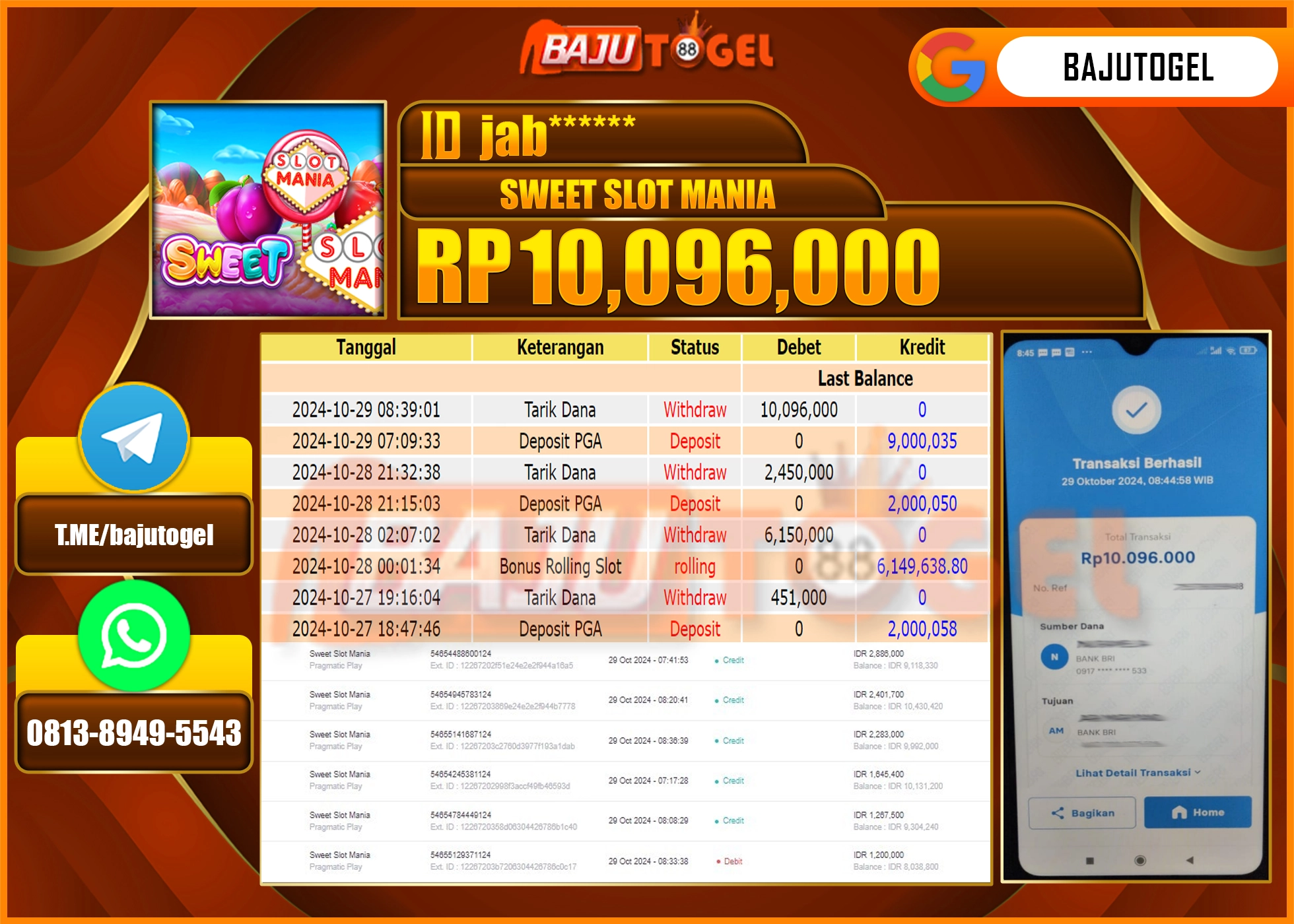BAJUTOGEL JACKPOT GAMES SWEET SLOT MANIA Rp 10,096,000 LUNAS