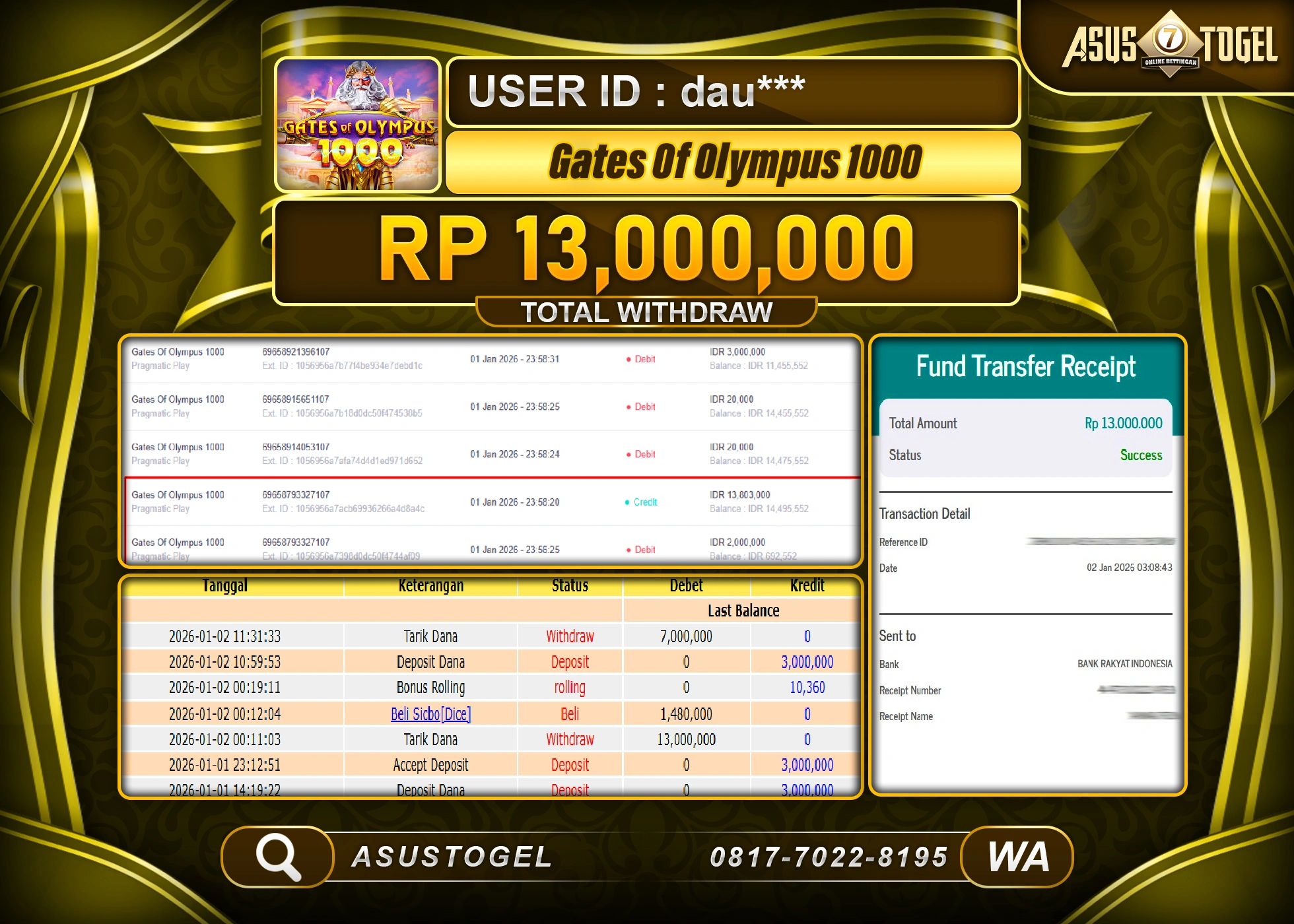 ASUSTOGEL KEMENANGAN DI SLOT GATES OF OLYMPUS 1000 SEBESAR 13,000,000 - RUPIAH LUNAS