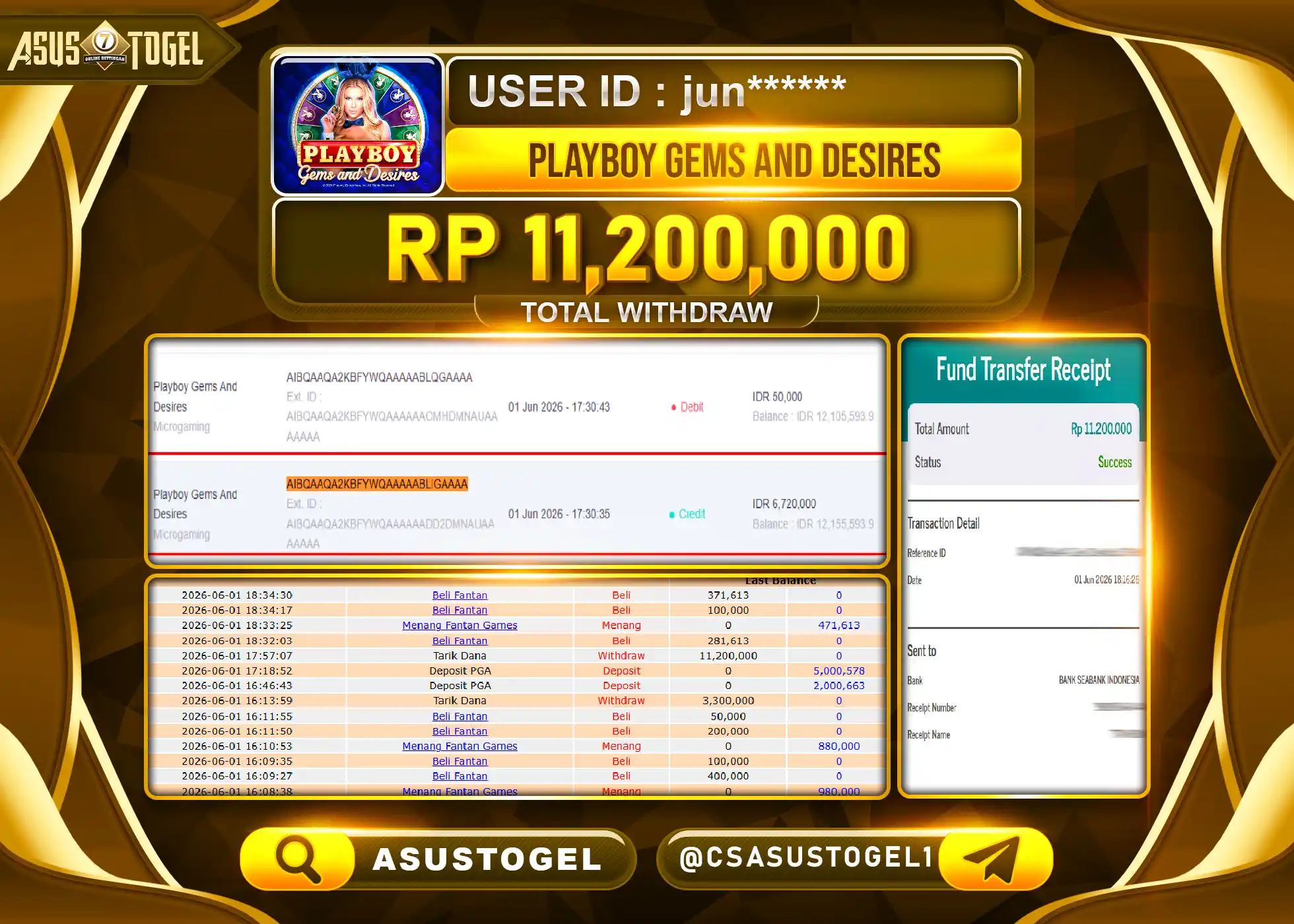 ASUSTOGEL KEMENANGAN JACKPOT SLOT PLAYBOY GEMS AND DESIRES Rp.11,200,000 - RUPIAH LUNAS