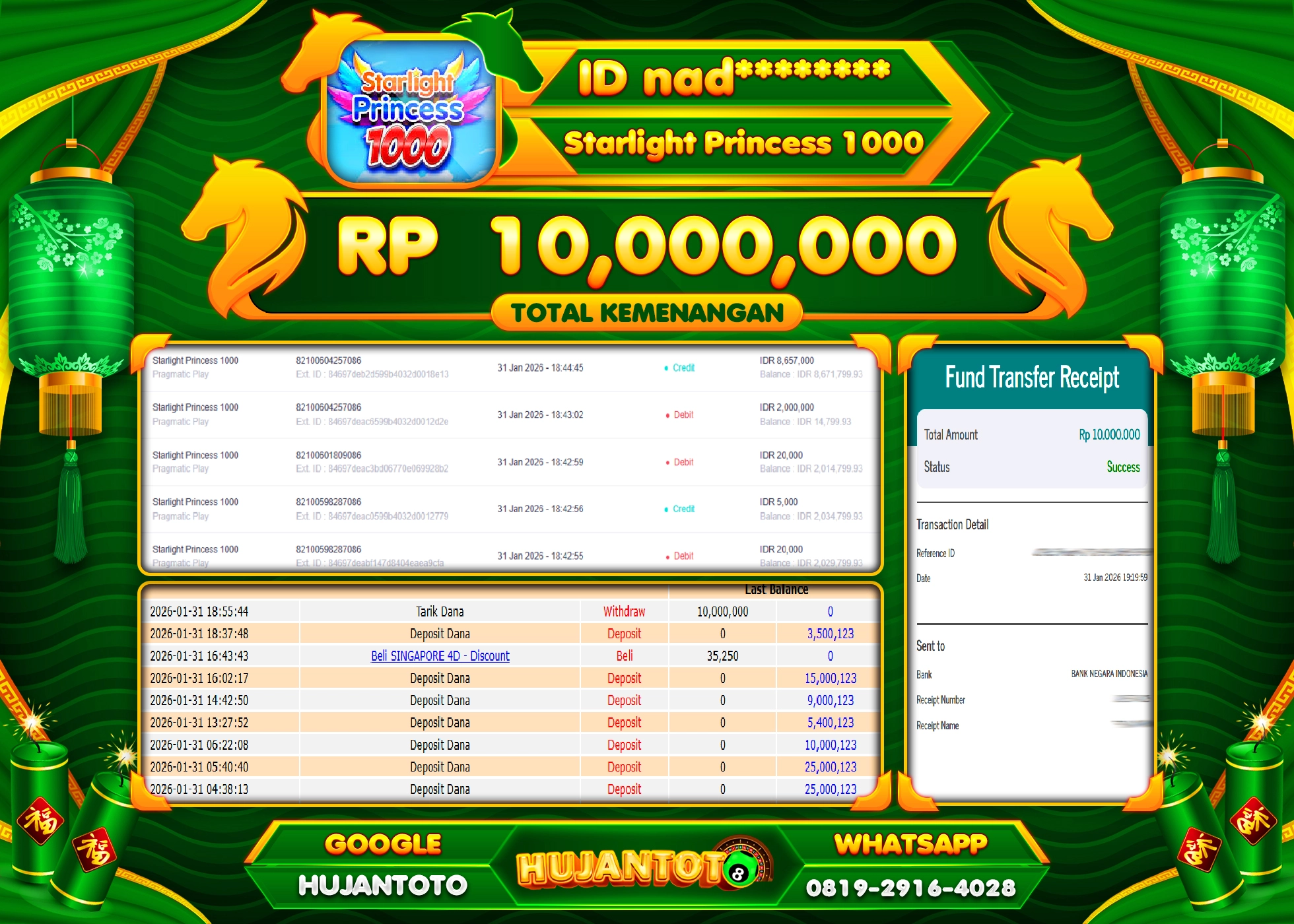 HUJANTOTO - BUKTI JACKPOT MENANG SLOT STARLIGHT PRINCESS 1000 Rp.10,000,000 - TERBAYAR LUNAS