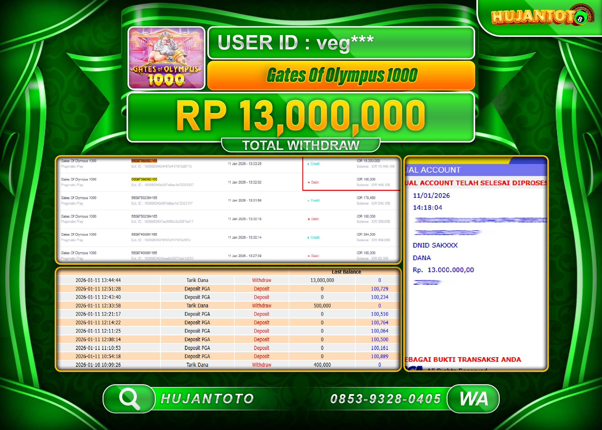 HUJANTOTO - BUKTI JACKPOT MENANG SLOT GATES OF OLYMPUS 1000 PRAGMATIC  Rp.13,000,000 - TERBAYAR LUNAS
