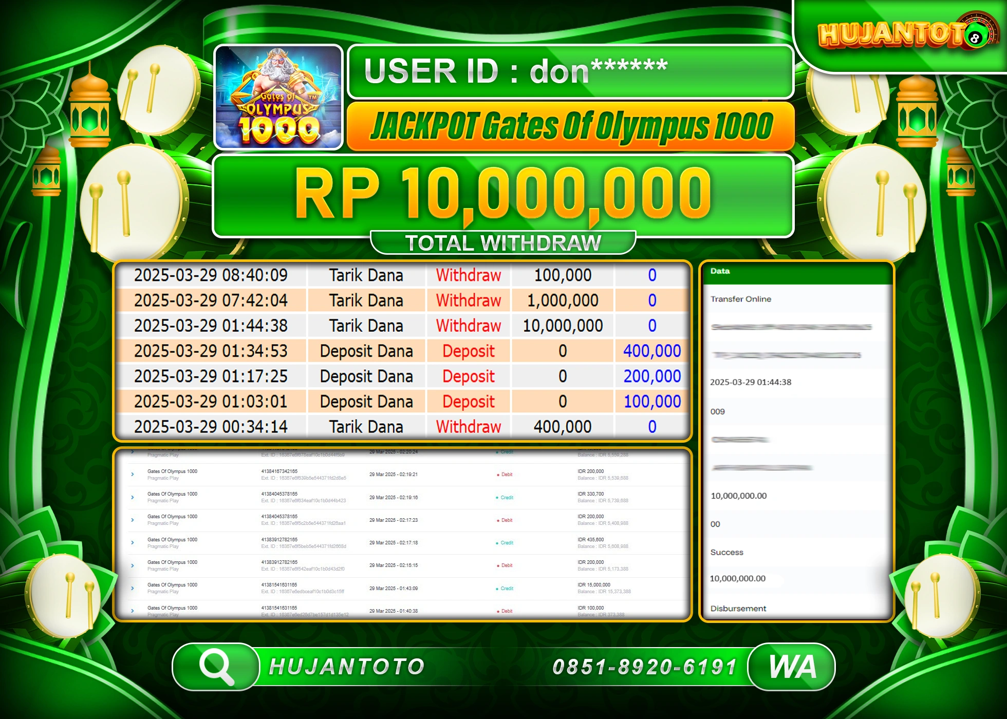 HUJANTOTO - BUKTI JACKPOT MENANG SLOT GATES OF OLYMPUS 1000 Rp,10,000,000 - TERBAYAR LUNAS