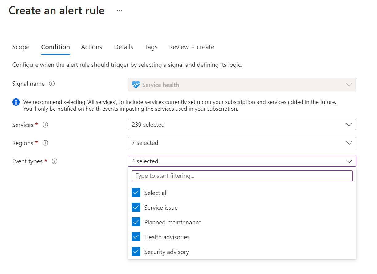 Create an alert rule - service health