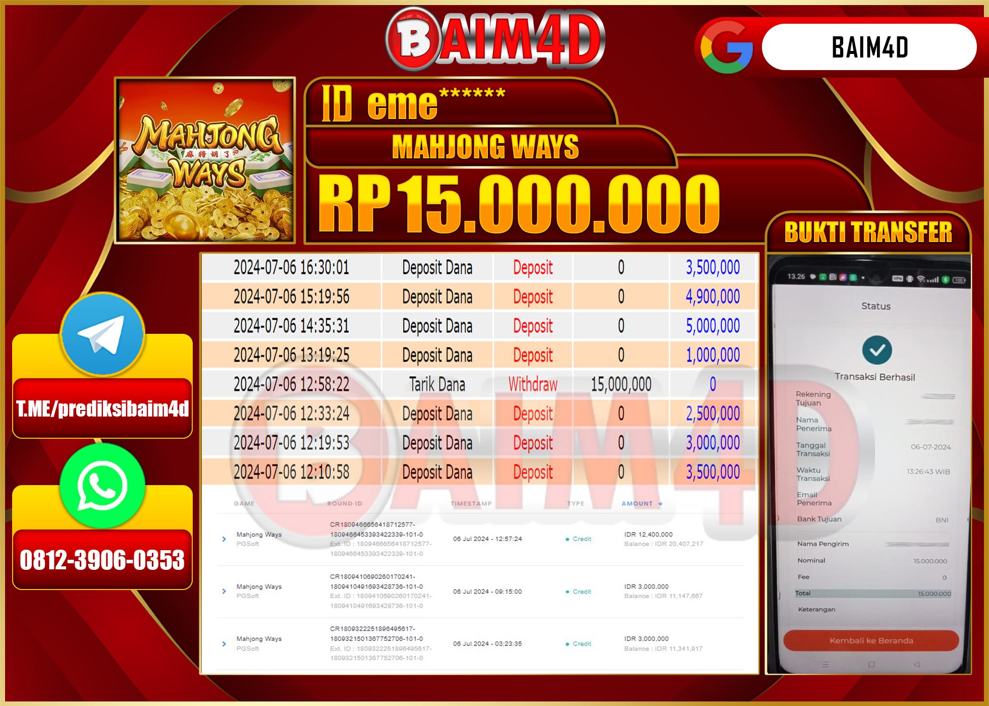 BAIM4D JACKPOT PG SOFT MAHJONG WAYS  Rp.15.000,000.- LUNAS