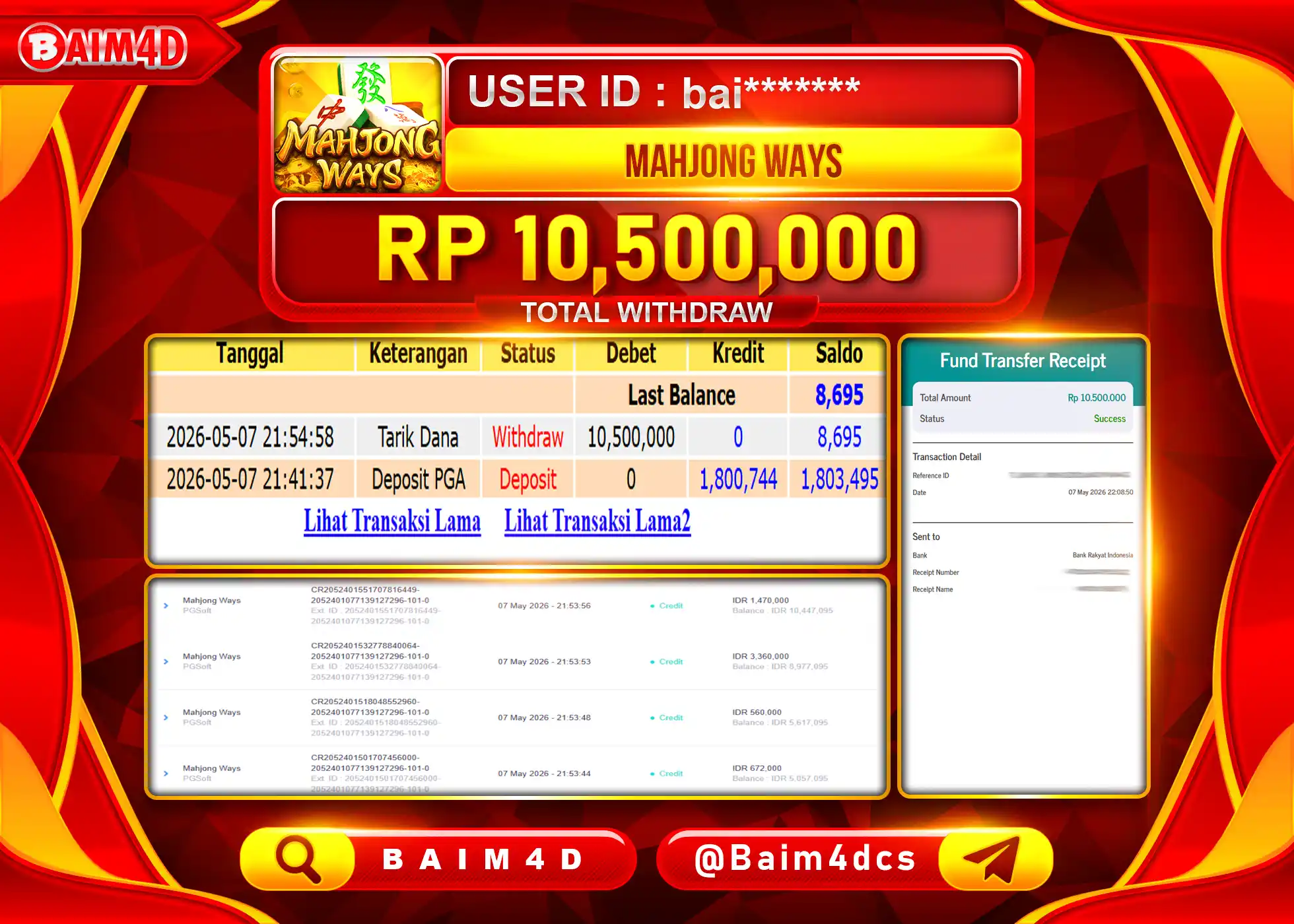 BAIM4D JACKPOT SLOT MAHJONG WAYS Rp.10,500,000 - LUNAS