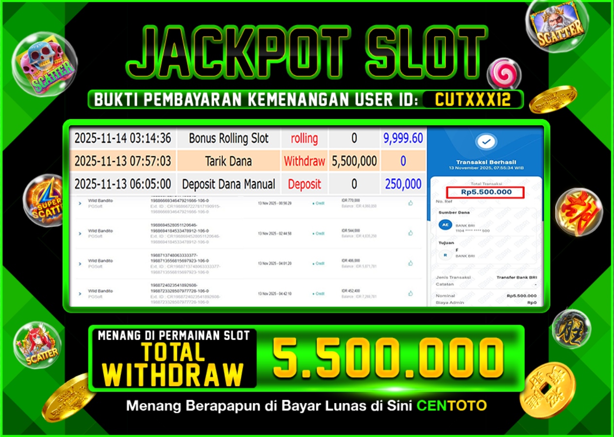 BUKTI JACKPOT SLOT CENTOTO  RP.5.500.000,-LUNAS