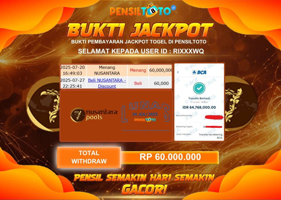 PENSILTOTO JACKPOT TOGEL NUSANTARA  Rp.60.000.000,- LUNAS