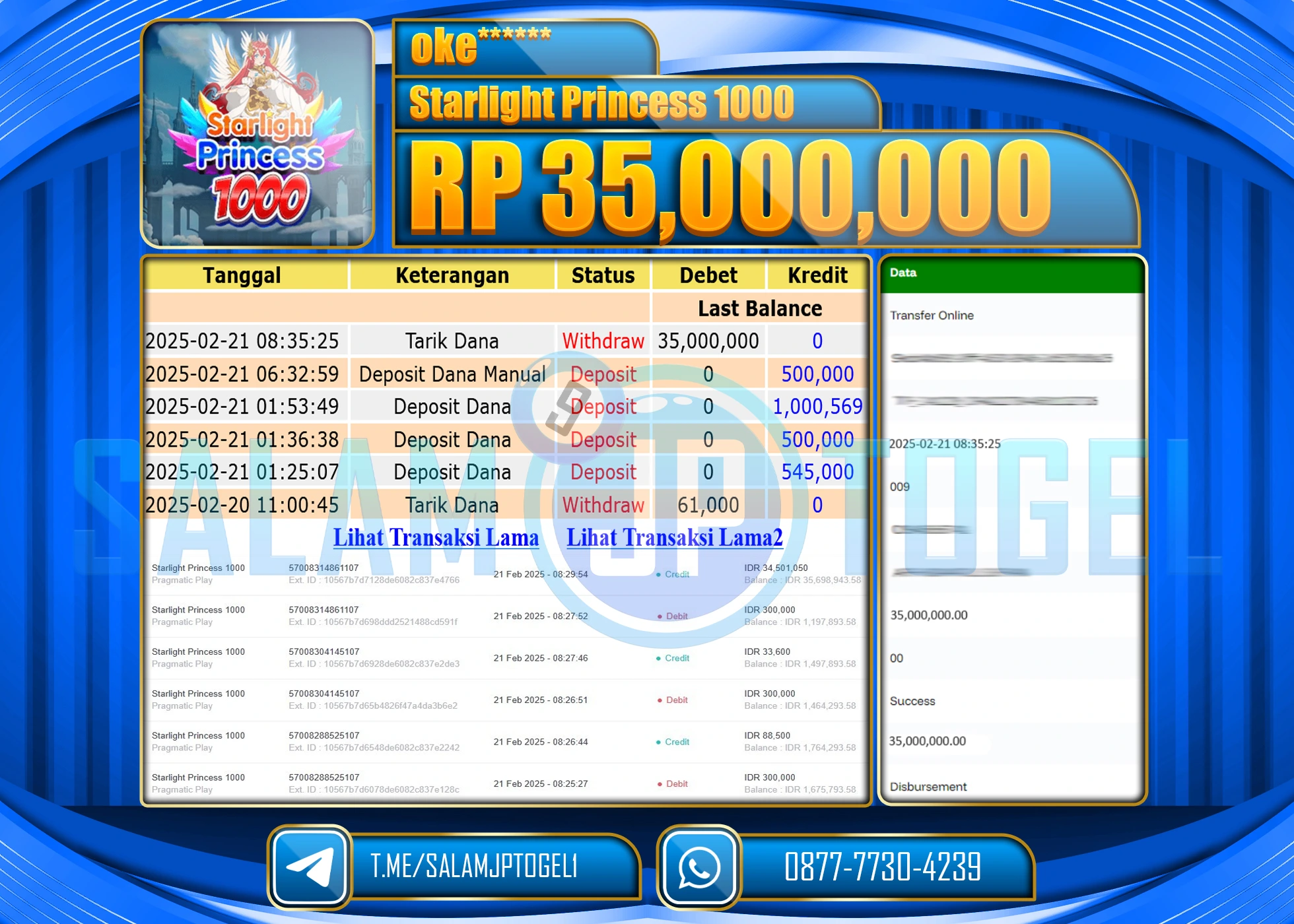 SALAMJPTOGEL MENANG SLOT STARLIGHT PRINCESS 1000 Rp. 35,000,000  LUNAS