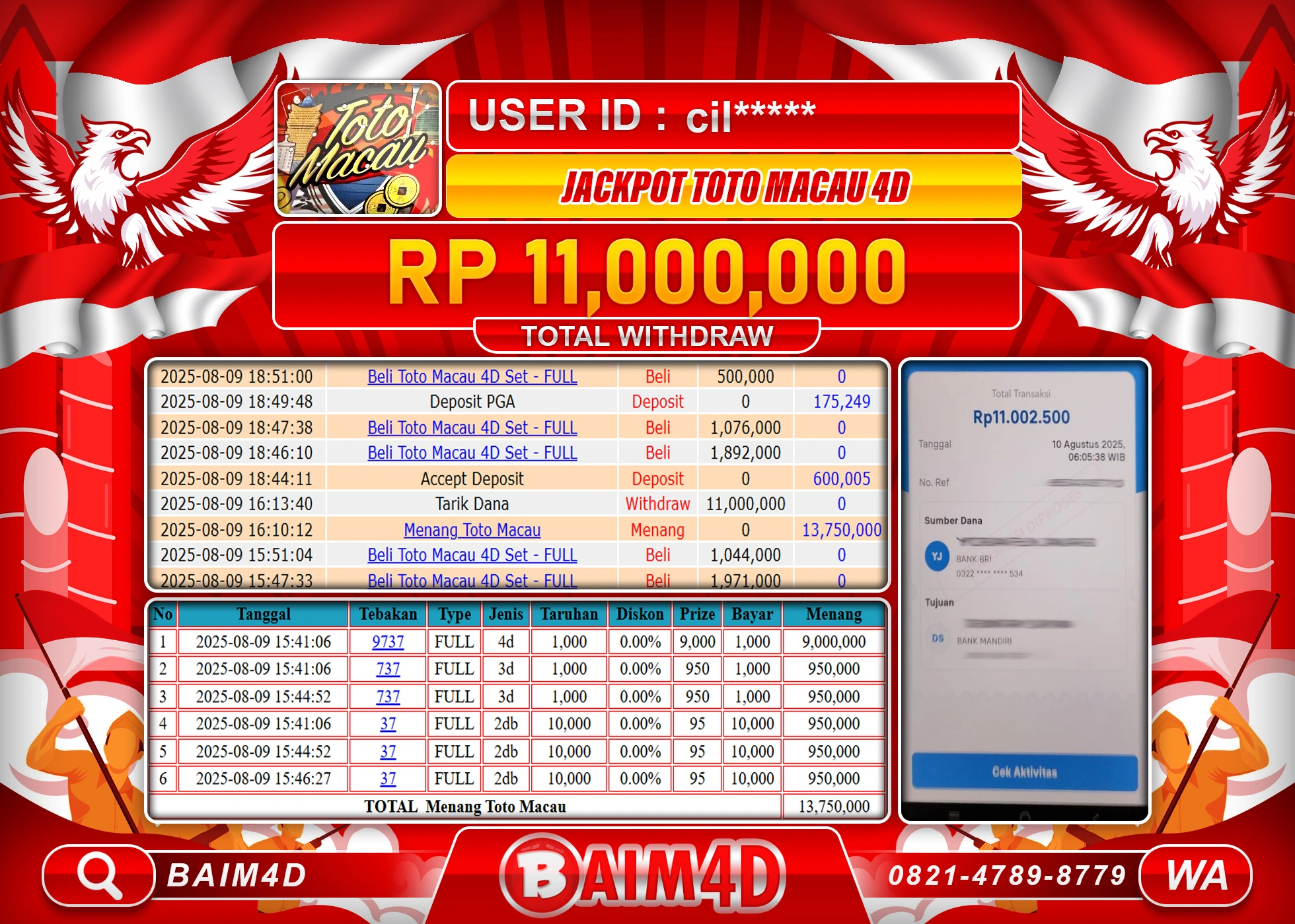 BAIM4D JACKPOT TOGEL TOTO MACAU 4D Rp.11,000,000.- LUNAS